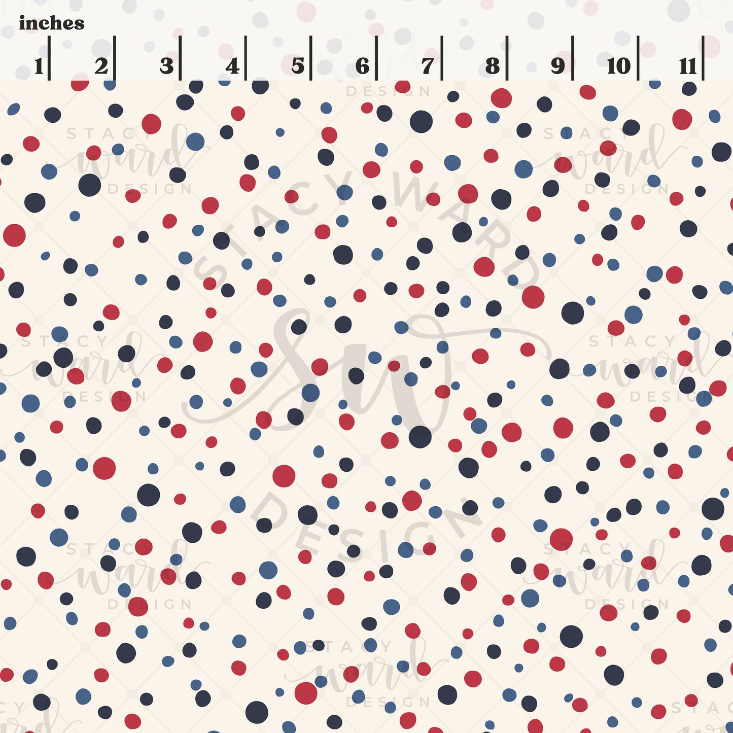 Scale reference for hand drawn polka dots seamless pattern showing repeat size in inches