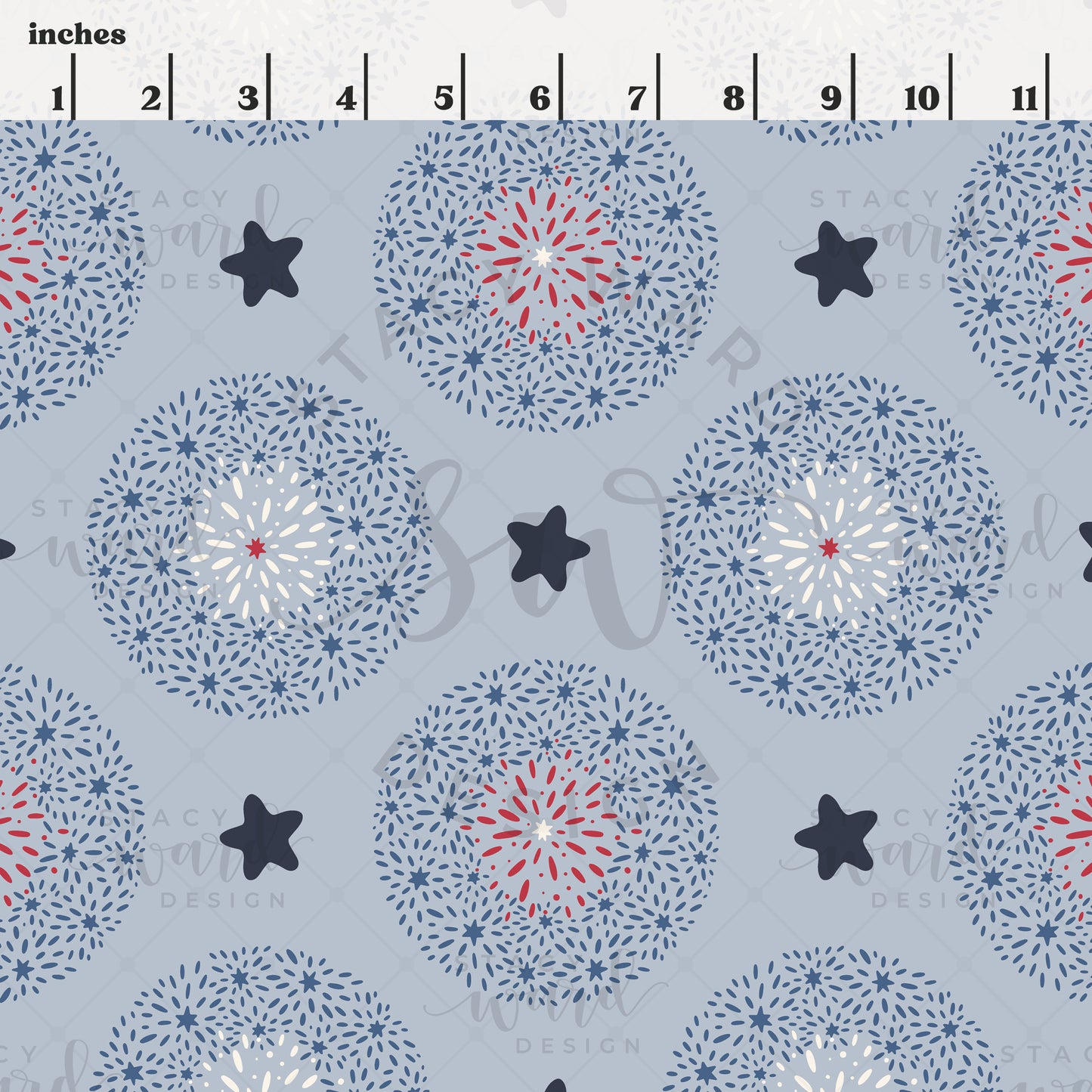 Scale reference for summer fireworks and stars seamless pattern showing repeat size in inches