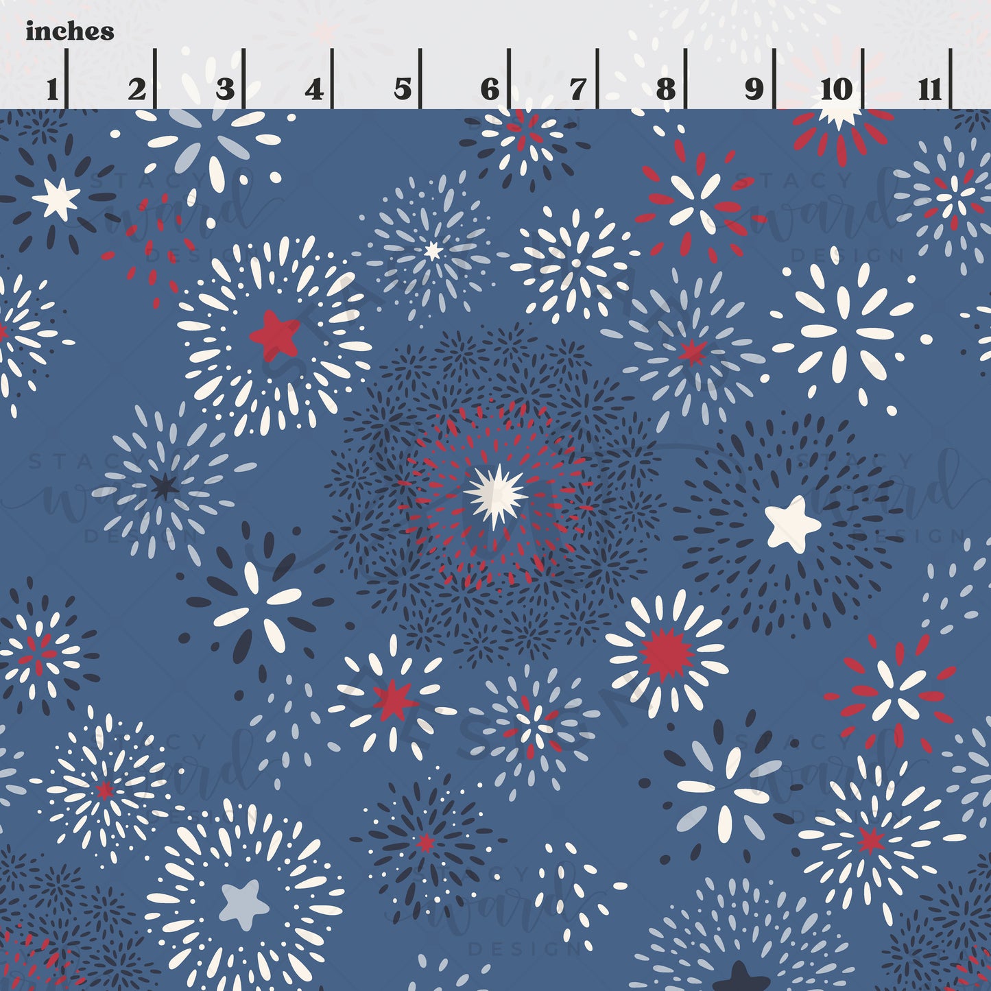 Scale reference for USA summer fireworks and shooting stars seamless pattern showing repeat size in inches