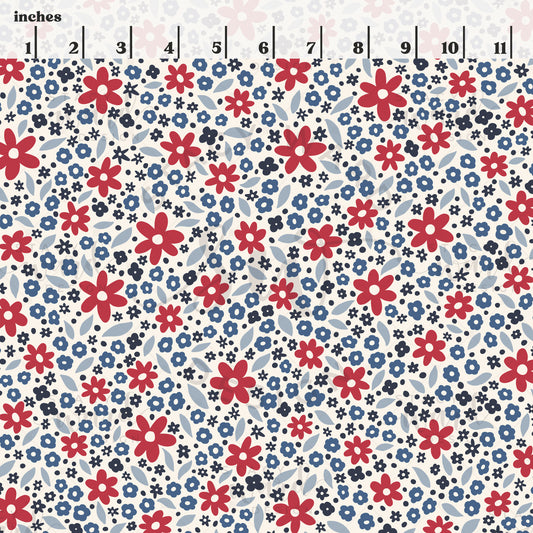 Scale reference for red white and blue ditsy floral seamless pattern showing repeat size in inches