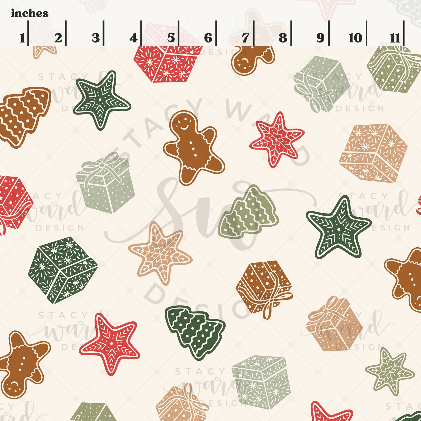 Scale reference for Christmas themed seamless pattern showing repeat size in inches