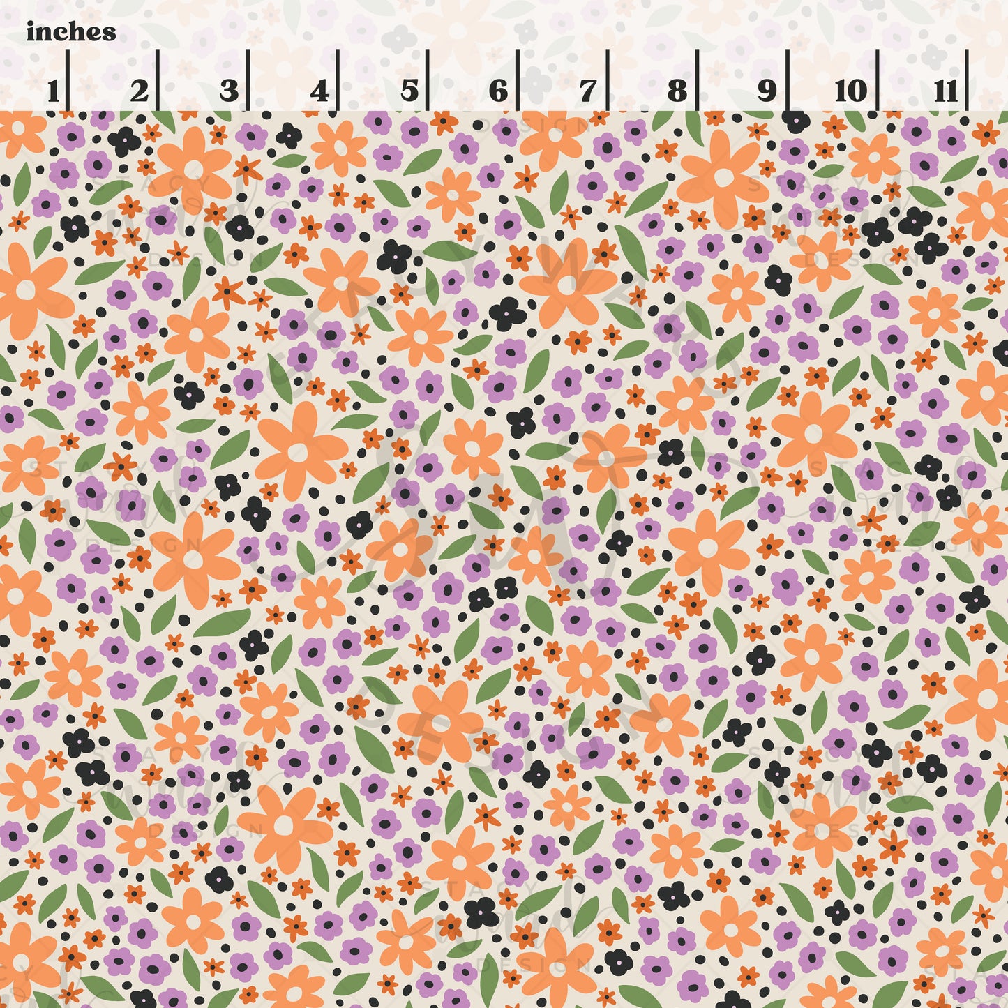 Scale reference for Halloween ditsy floral seamless pattern showing repeat size in inches