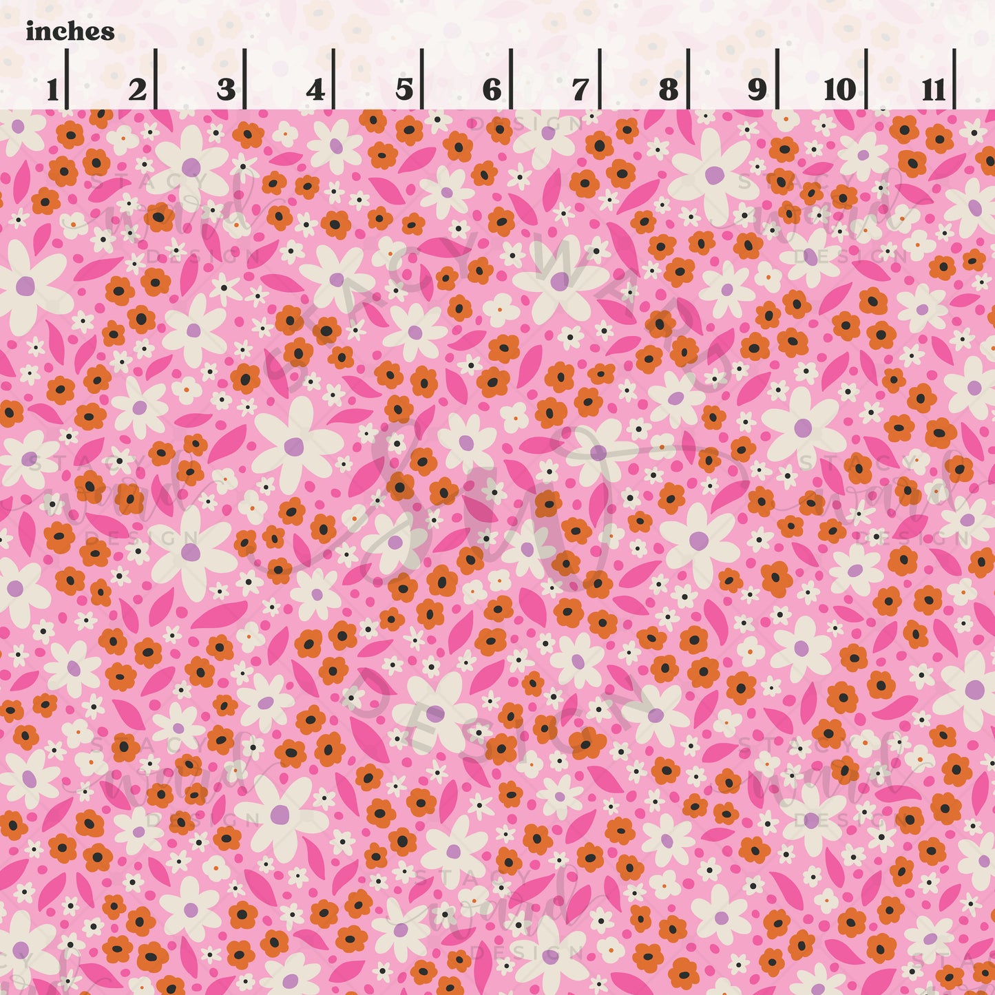 Scale reference for Halloween ditsy floral seamless pattern showing repeat size in inches