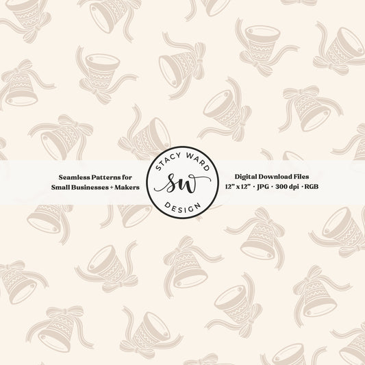 Nordic inspired jingle bells seamless pattern in neutral tan on cream with coquette ribbons and bows