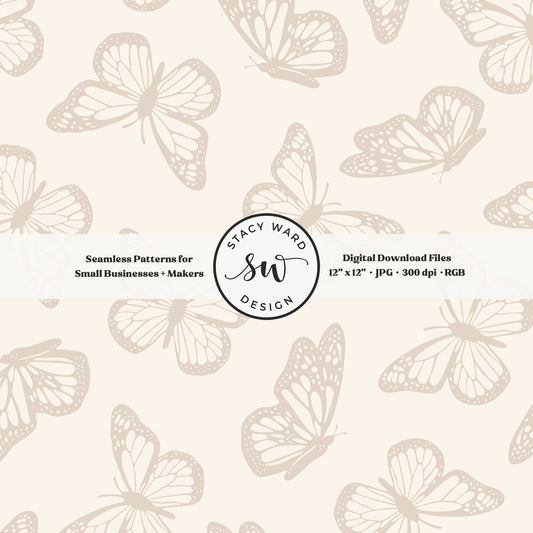 Vintage butterfly illustrations on a seamless pattern in muted soft brown on cream minimal monarch butterflies