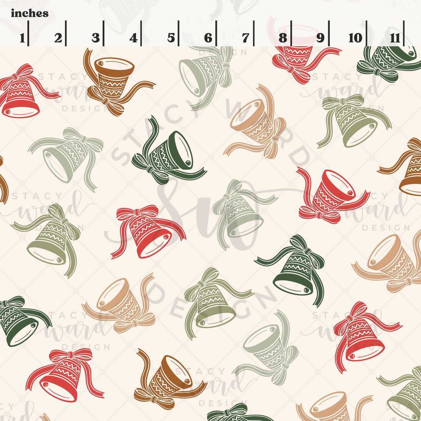 Scale reference for holiday bells seamless pattern showing repeat size in inches