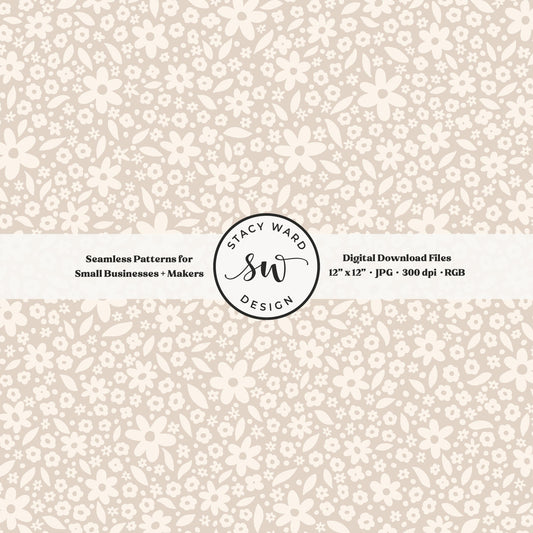 Hand drawn cottagecore floral seamless fabric design for commercial use, cream on muted soft brown, vintage countryside ditsy floral