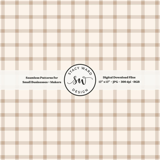French windowpane gingham pattern in muted light brown and cream classic grandmillennial plaid
