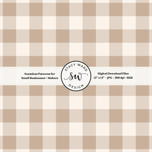 Traditional gingham seamless pattern in muted soft brown and cream classic grandmillennial plaid