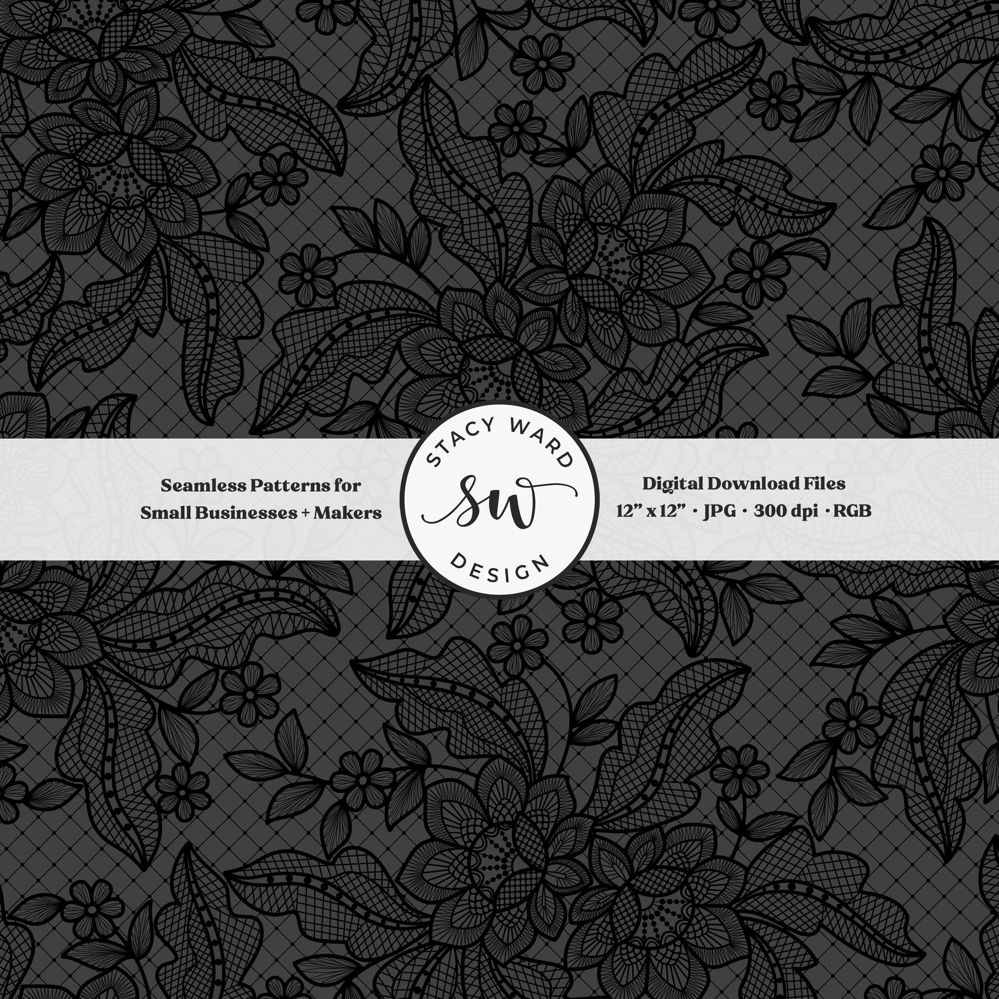 Witchy floral lace seamless pattern in dark and moody charcoal black on gray gothic lace netting inspired faux lacework