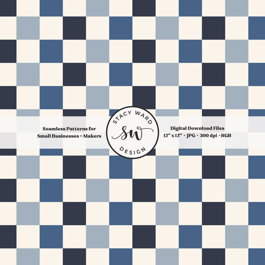 checkerboard seamless pattern in shades of blue on off white coastal nautical summer checks