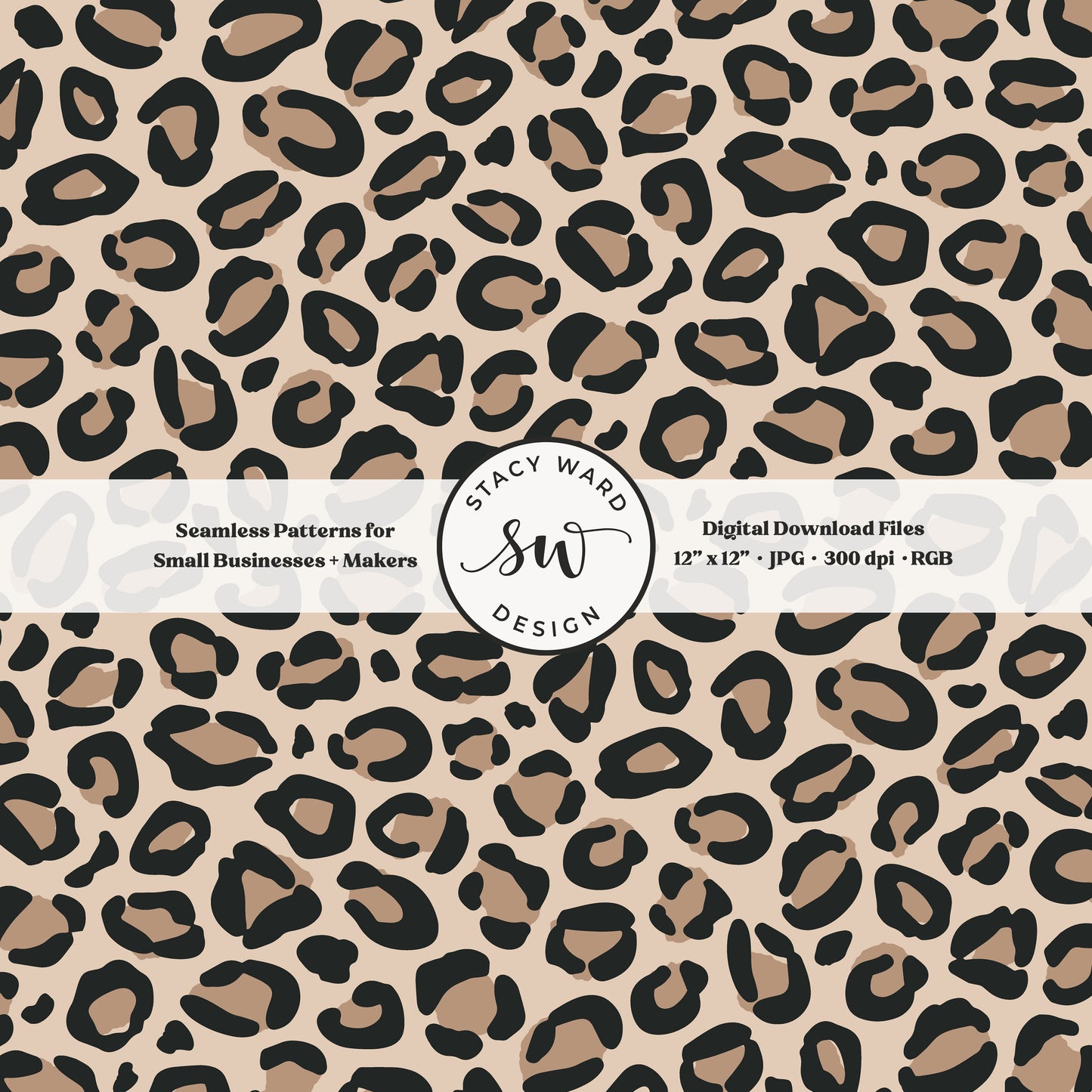 Hand drawn leopard spots seamless pattern in brown and black on neutral tan classic wild animal skin