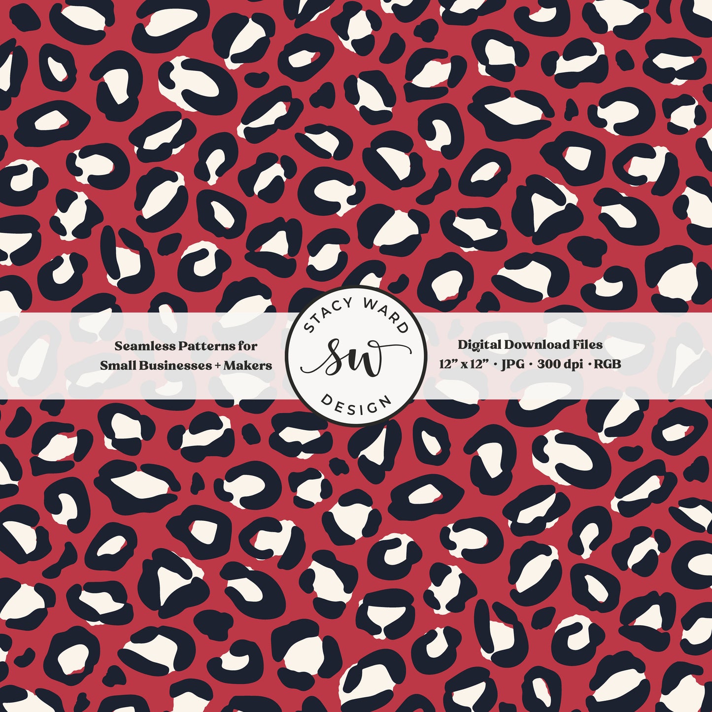 Hand drawn leopard spots seamless pattern in cream and navy on watermelon red red white and blue wild animal skin