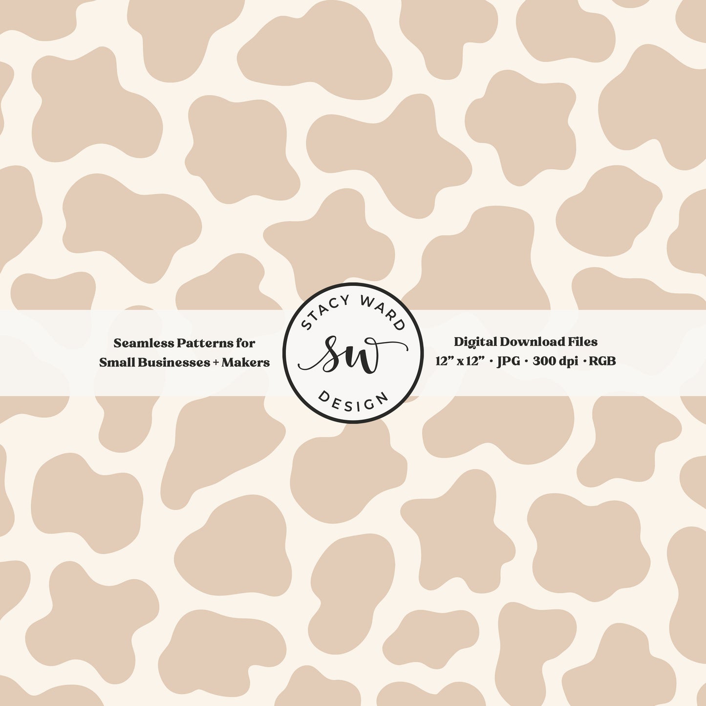 Hand drawn cow print seamless pattern in earth tone neutral tan on cream for a fun western cowboy theme aesthetic digital file for fabric printing