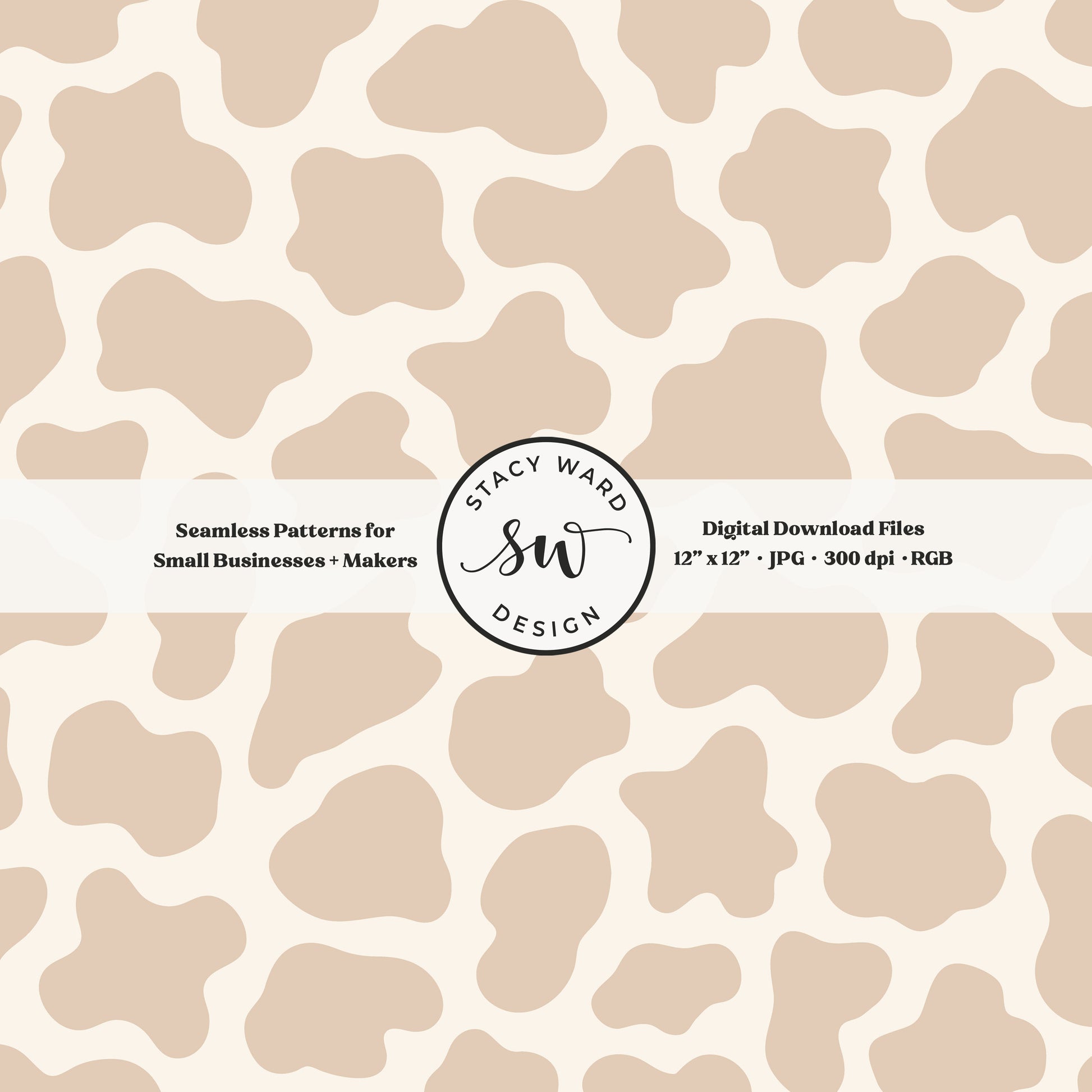 Hand drawn cow print seamless pattern in earth tone neutral tan on cream for a fun western cowboy theme aesthetic digital file for fabric printing