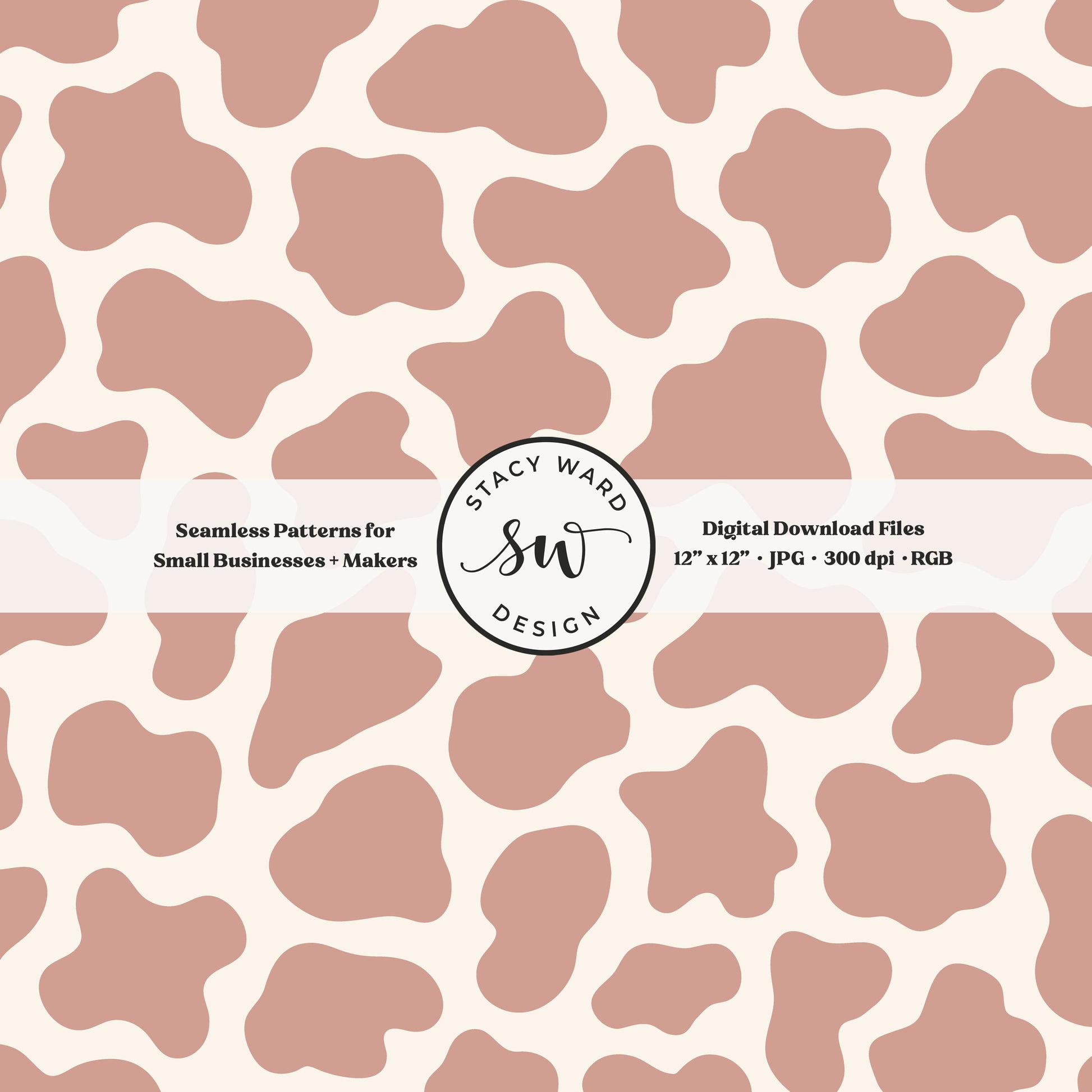 Hand drawn cow print seamless pattern in muted dusky pink on cream for a fun western cowgirl theme aesthetic digital file for fabric printing