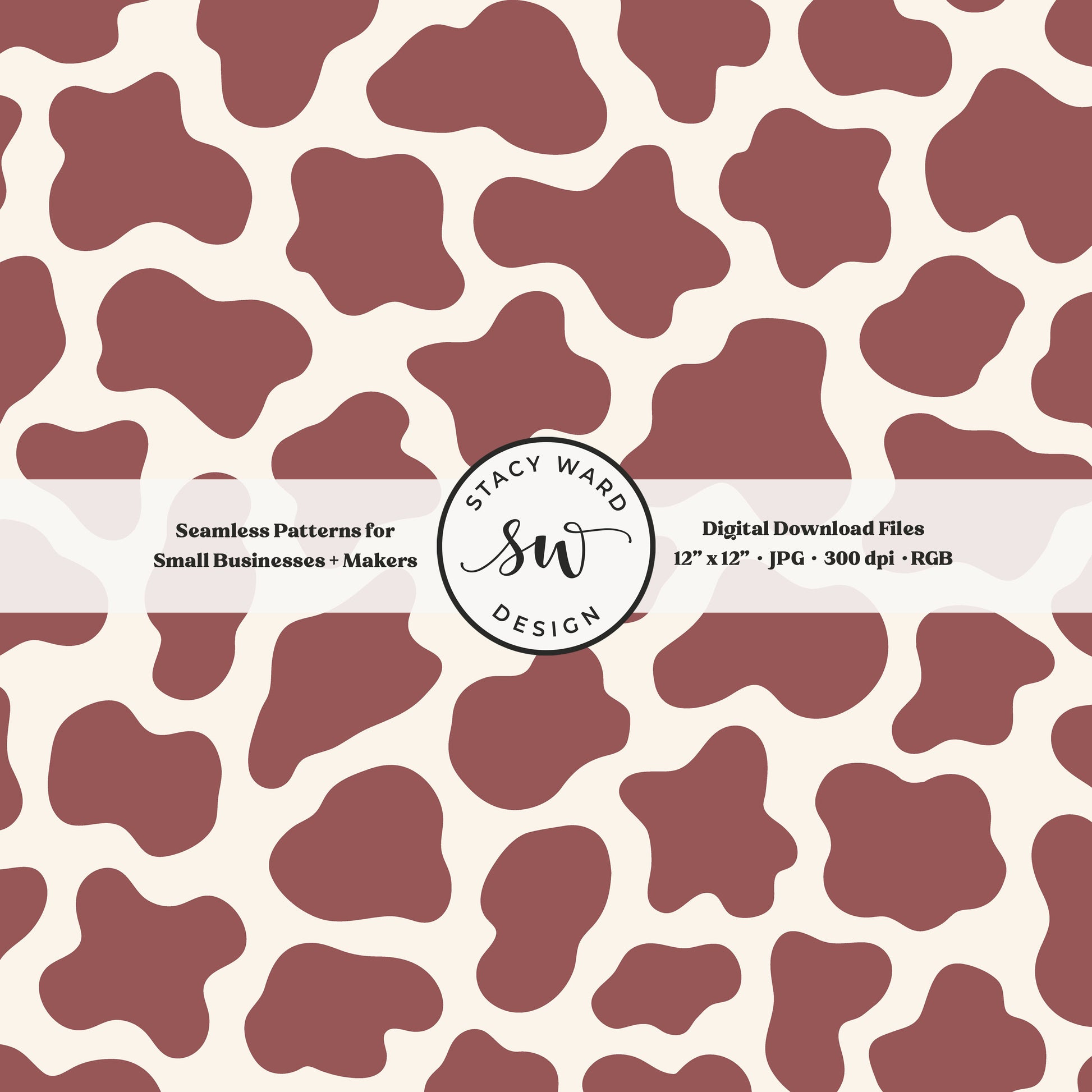 Hand drawn cow print seamless pattern in bold burgundy on cream for a fun western cowgirl theme aesthetic digital file for fabric printing