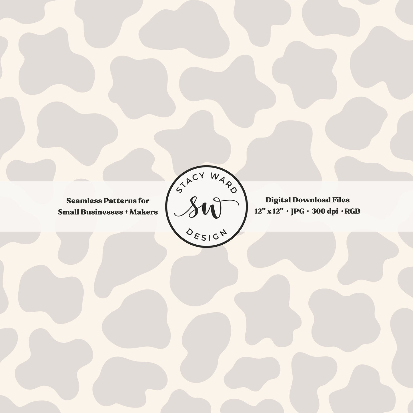 Hand drawn cow print seamless pattern in soft pale gray on cream for a fun western cowboy theme aesthetic digital file for fabric printing
