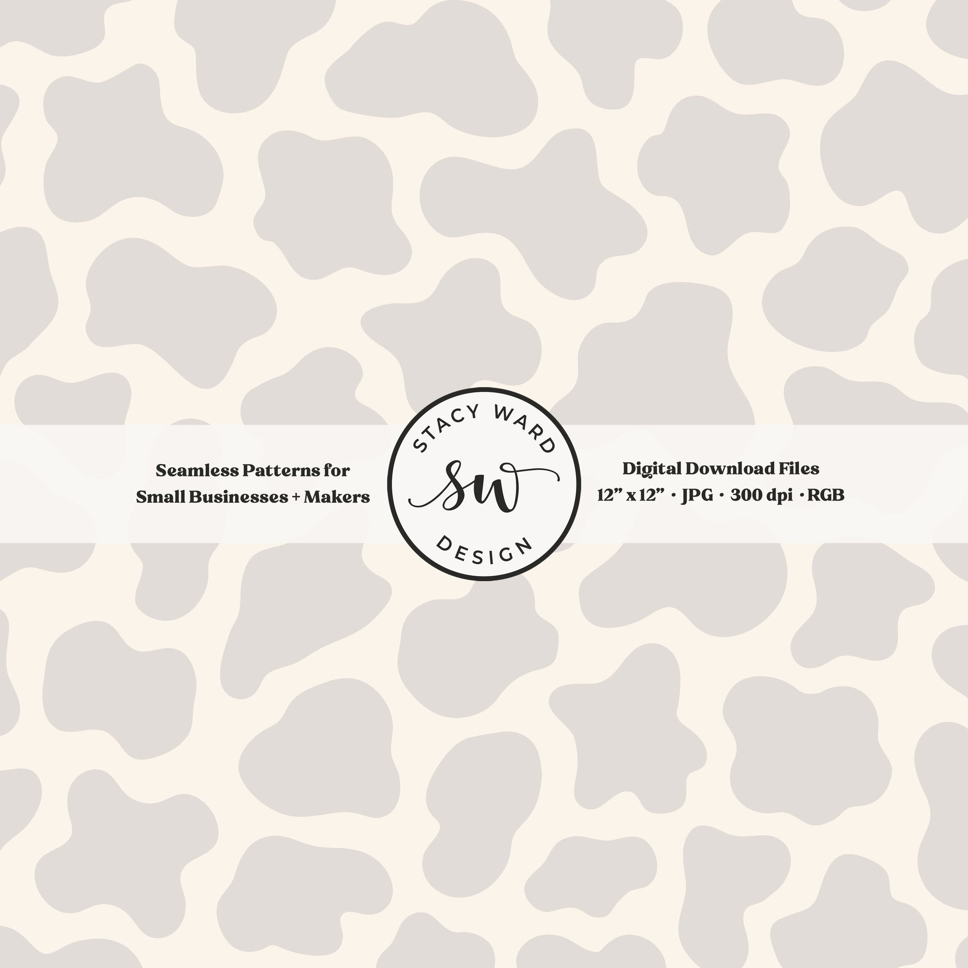 Hand drawn cow print seamless pattern in soft pale gray on cream for a fun western cowboy theme aesthetic digital file for fabric printing