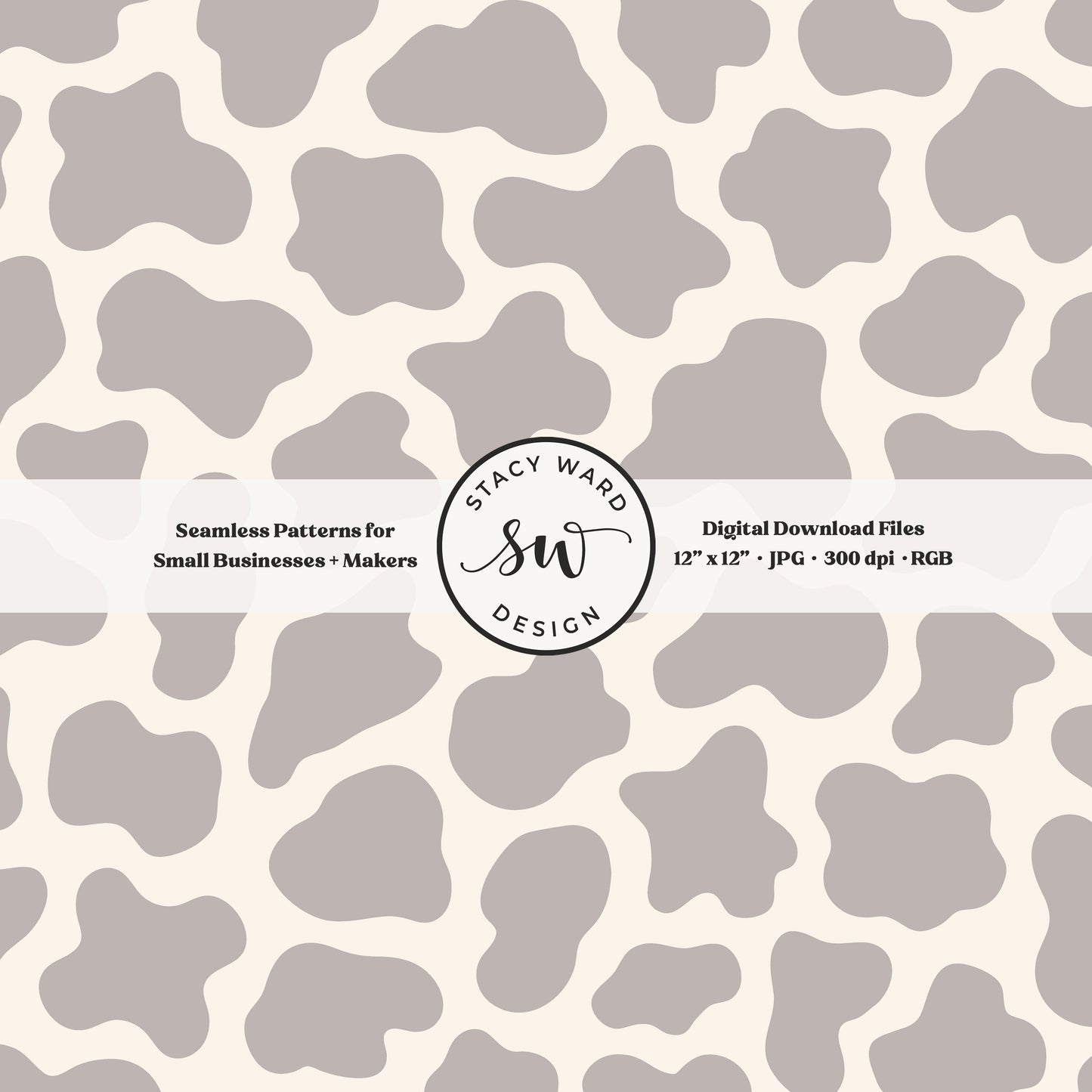 Hand drawn cow print seamless pattern in neutral soft brown gray on cream for a fun western cowboy theme aesthetic digital file for fabric printing