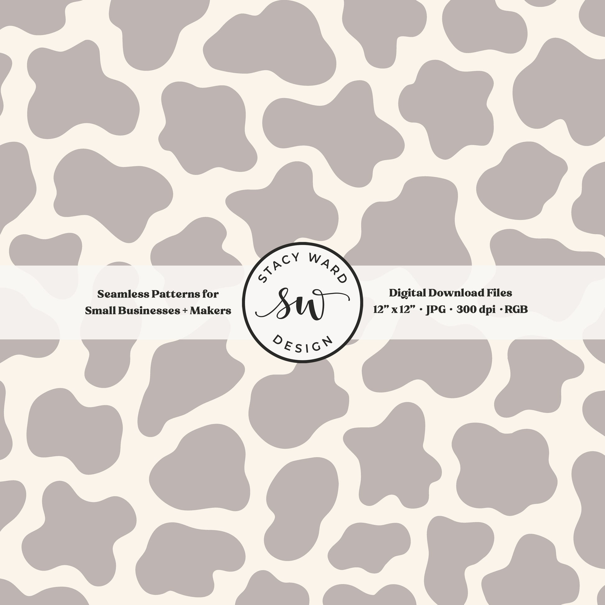 Hand drawn cow print seamless pattern in neutral soft brown gray on cream for a fun western cowboy theme aesthetic digital file for fabric printing