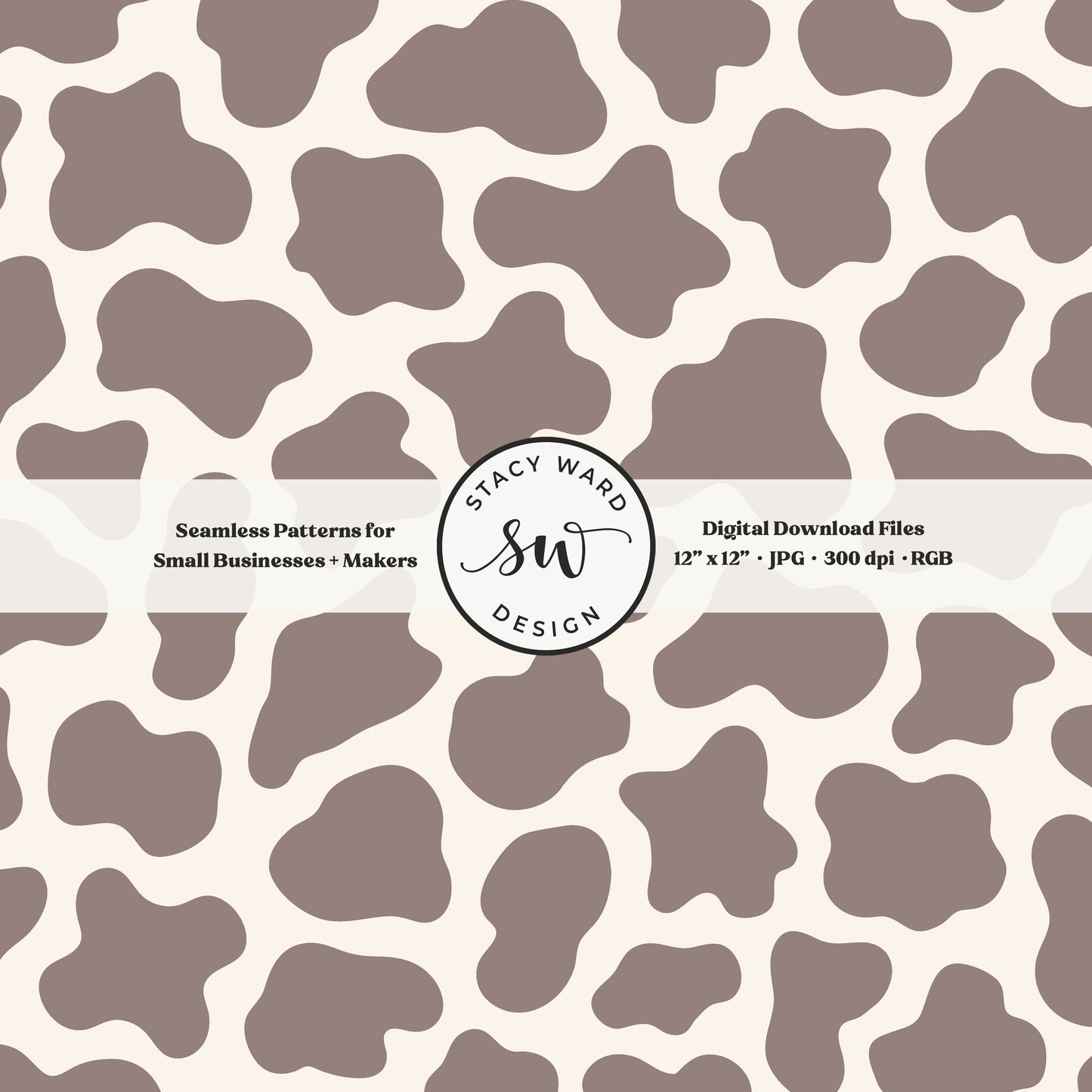 Hand drawn cow print seamless pattern in grayish brown taupe beige on cream for a fun western cowboy theme aesthetic digital file for fabric printing