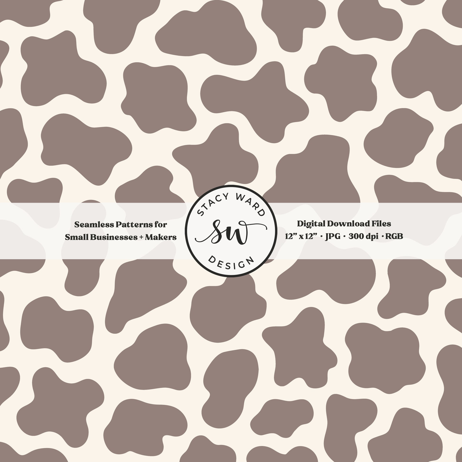 Hand drawn cow print seamless pattern in grayish brown taupe beige on cream for a fun western cowboy theme aesthetic digital file for fabric printing