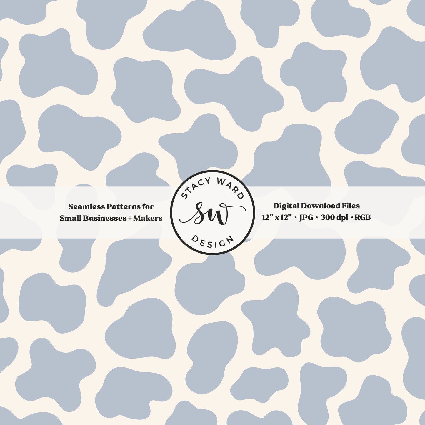 Hand drawn cow print seamless pattern in preppy pastel blue on cream for a fun western cowboy theme aesthetic digital file for fabric printing