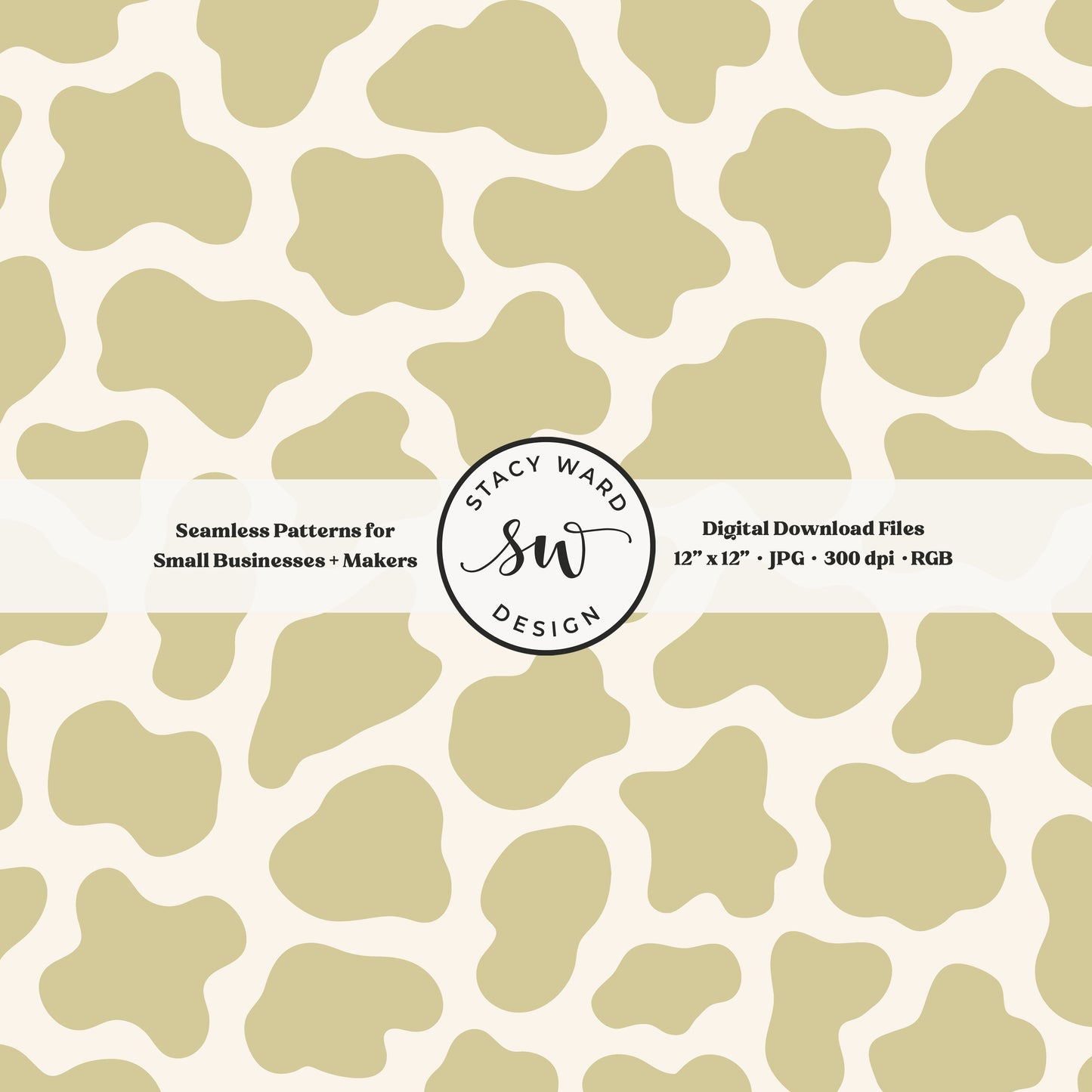 Hand drawn cow print seamless pattern in earth tone muted chartreuse on cream for a fun western cowboy theme aesthetic digital file for fabric printing