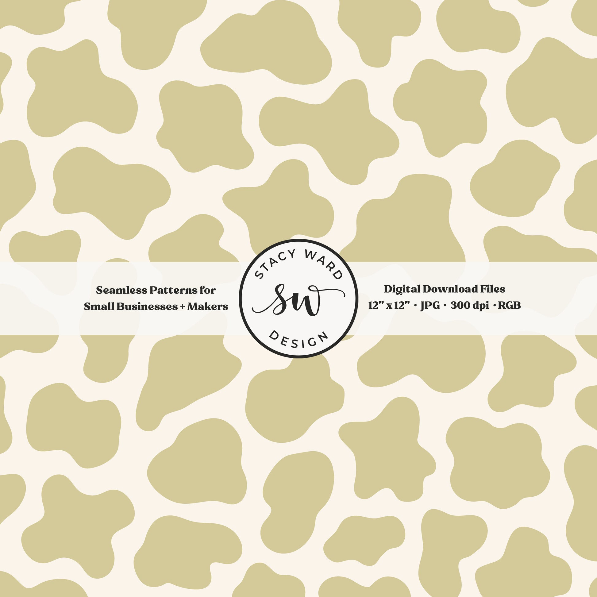 Hand drawn cow print seamless pattern in earth tone muted chartreuse on cream for a fun western cowboy theme aesthetic digital file for fabric printing