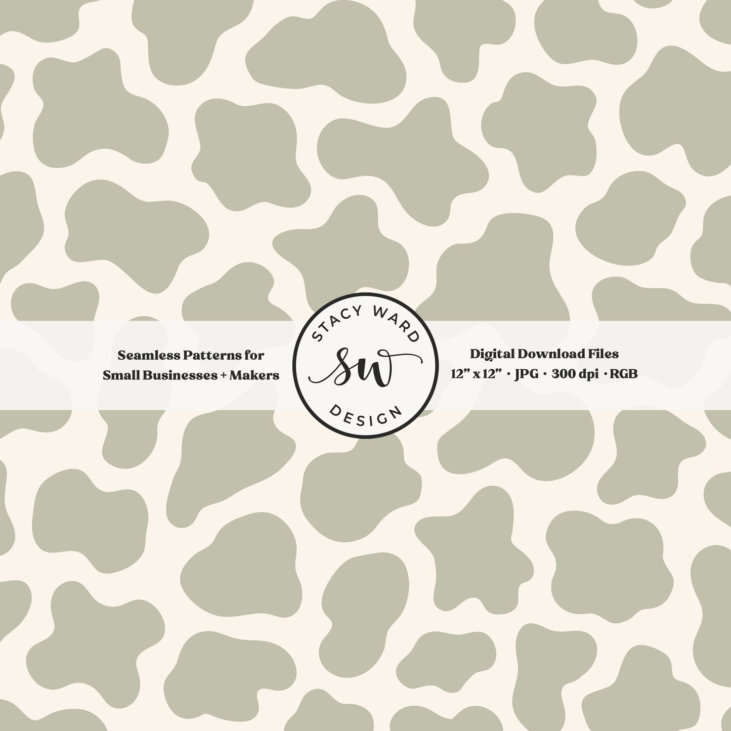 Hand drawn cow print seamless pattern in soft dusty sage on cream for a fun western cowboy theme aesthetic digital file for fabric printing
