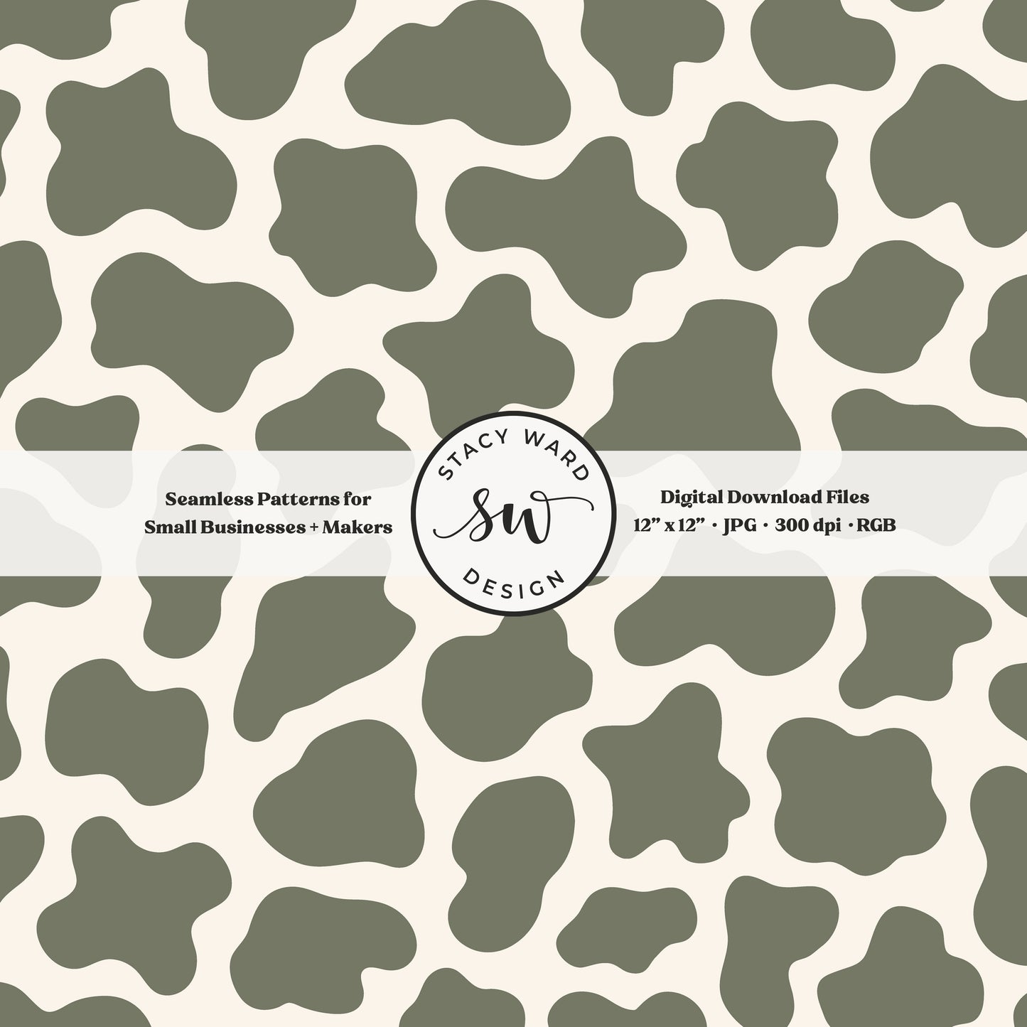 Hand drawn cow print seamless pattern in earth tone army green on cream for a fun western cowboy theme aesthetic digital file for fabric printing