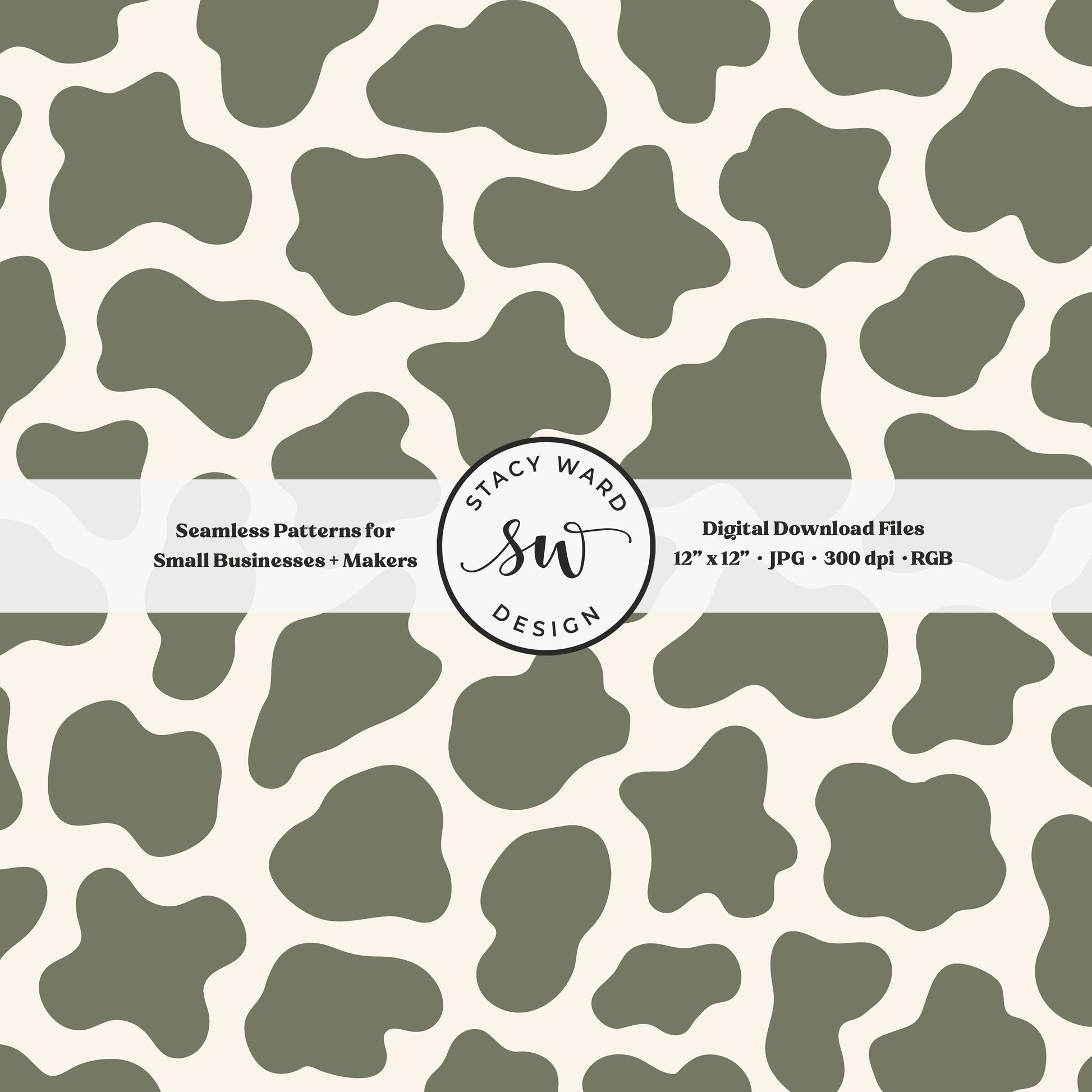Hand drawn cow print seamless pattern in earth tone army green on cream for a fun western cowboy theme aesthetic digital file for fabric printing