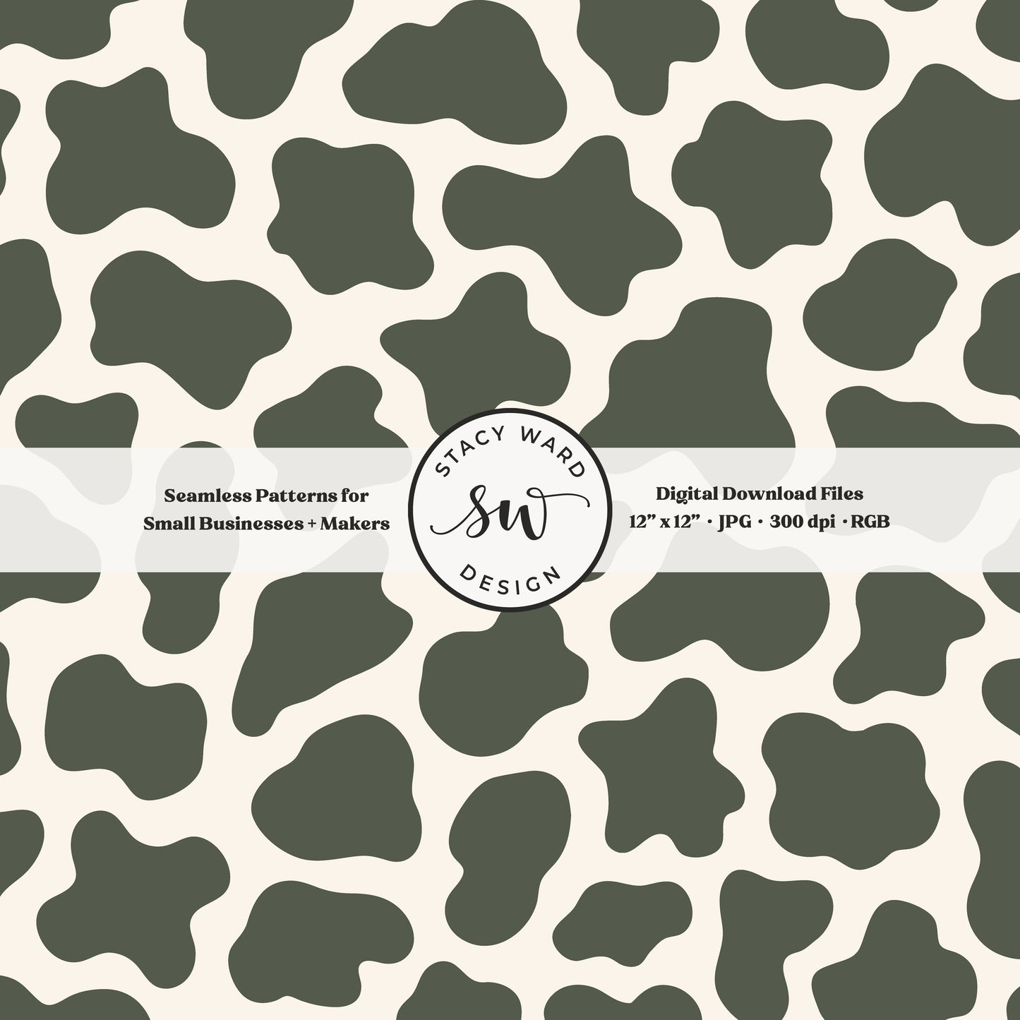 Hand drawn cow print seamless pattern in masculine dark green on cream for a fun western cowboy theme aesthetic digital file for fabric printing