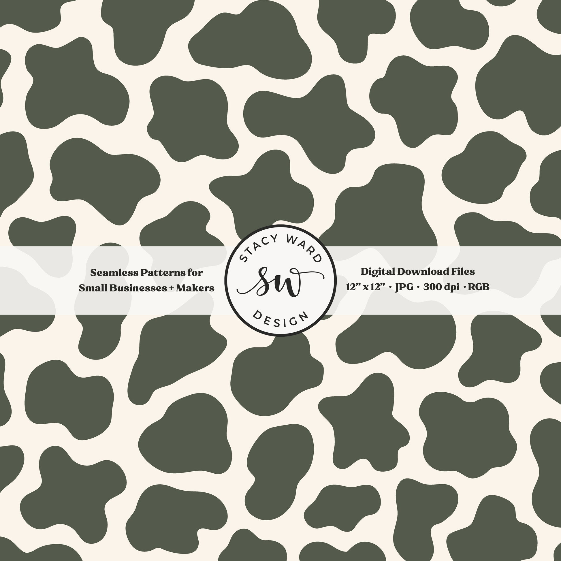 Hand drawn cow print seamless pattern in masculine dark green on cream for a fun western cowboy theme aesthetic digital file for fabric printing