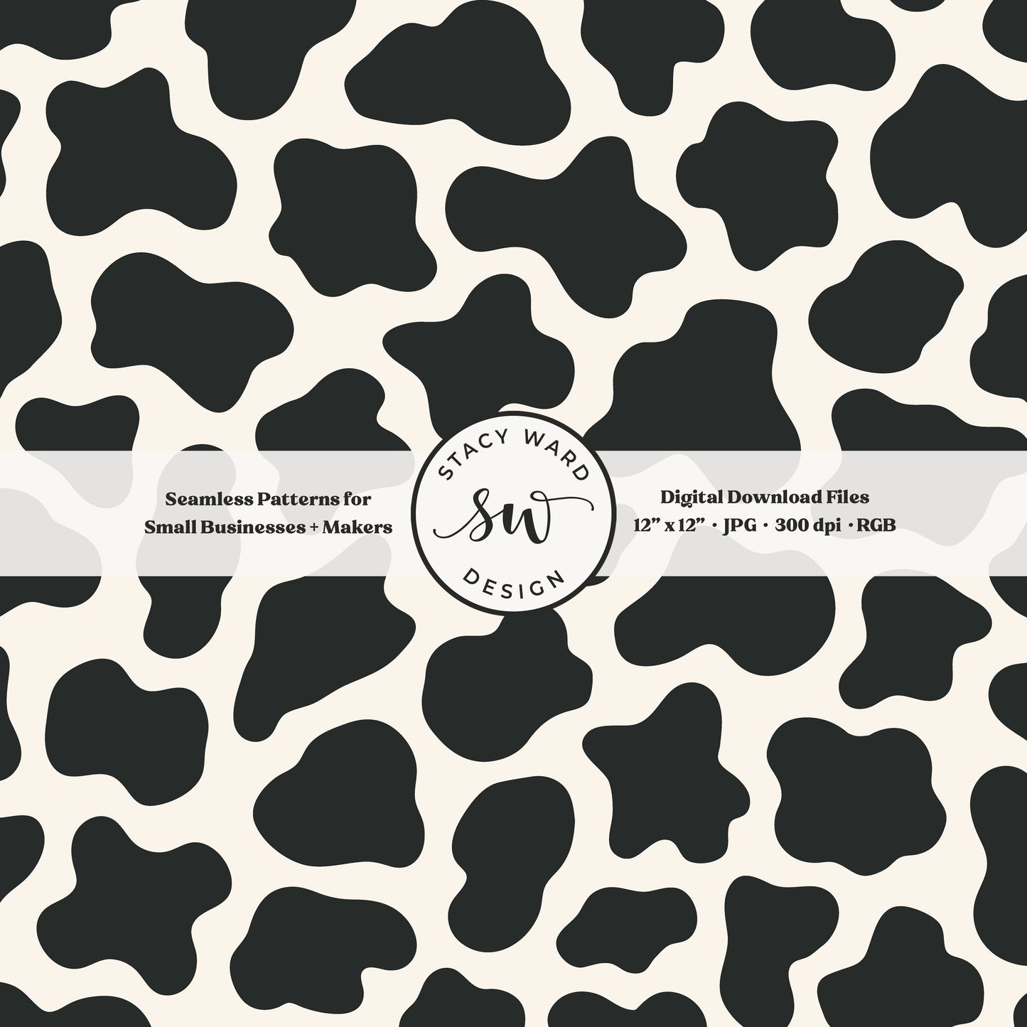 Hand drawn cow print seamless pattern in bold dark graphite on cream for a fun western cowboy theme aesthetic digital file for fabric printing