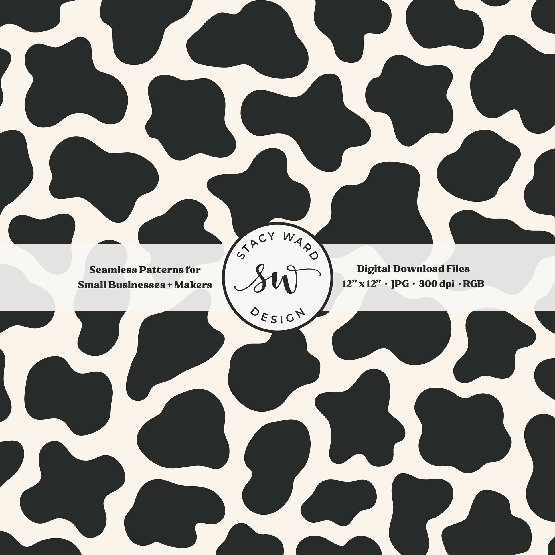 Hand drawn cow print seamless pattern in bold dark graphite on cream for a fun western cowboy theme aesthetic digital file for fabric printing