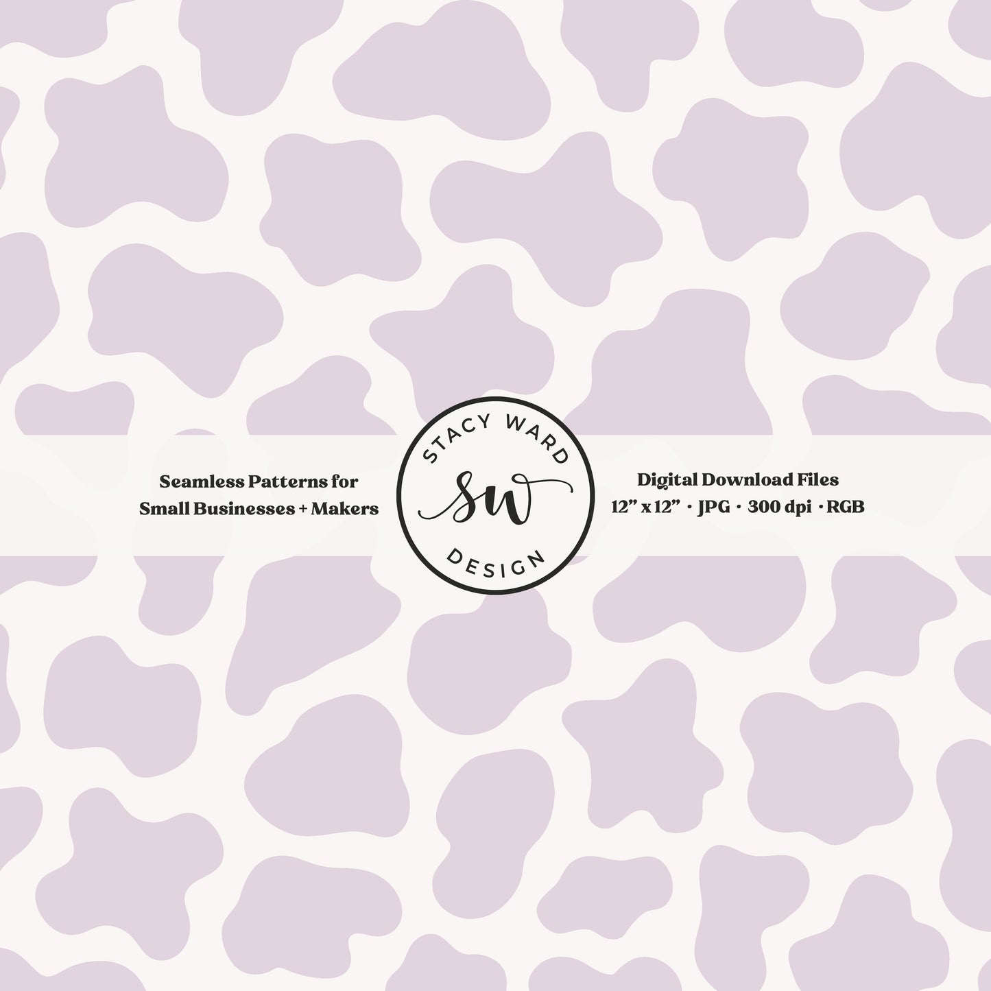 Hand drawn cow print seamless pattern in light soft lilac on off white for a fun western cowgirl theme aesthetic digital file for fabric printing