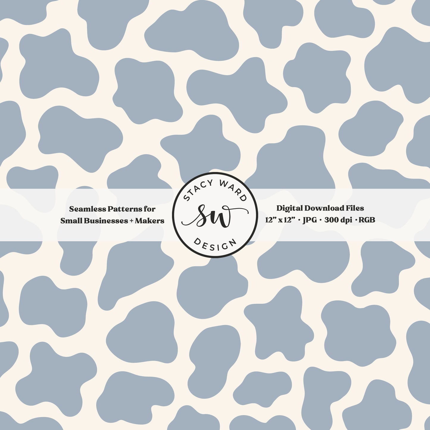 Hand drawn cow print seamless pattern in dusty light steel blue on cream for a fun western cowboy theme aesthetic digital file for fabric printing