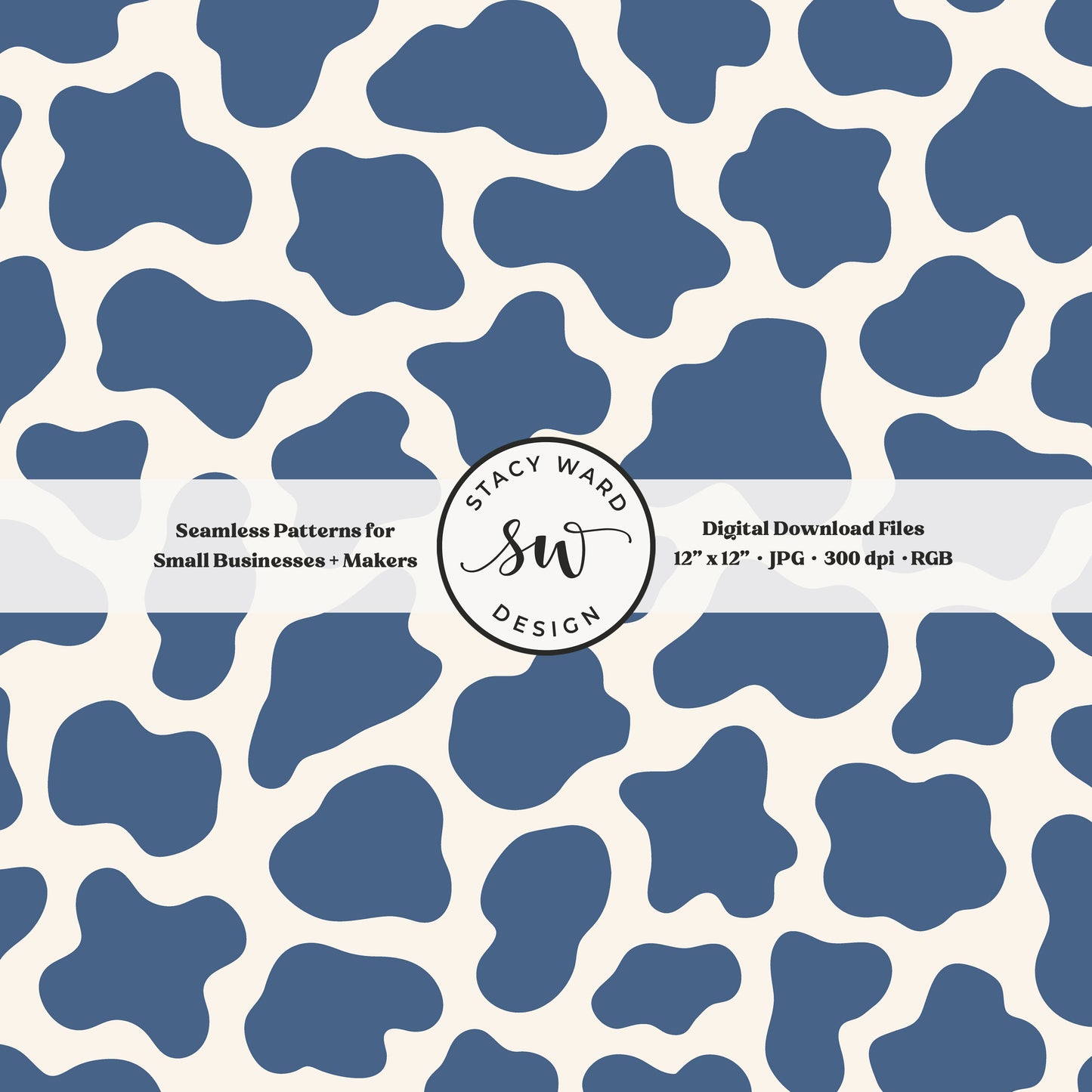 Hand drawn cow print seamless pattern in retro federal blue on cream for a fun western cowboy theme aesthetic digital file for fabric printing