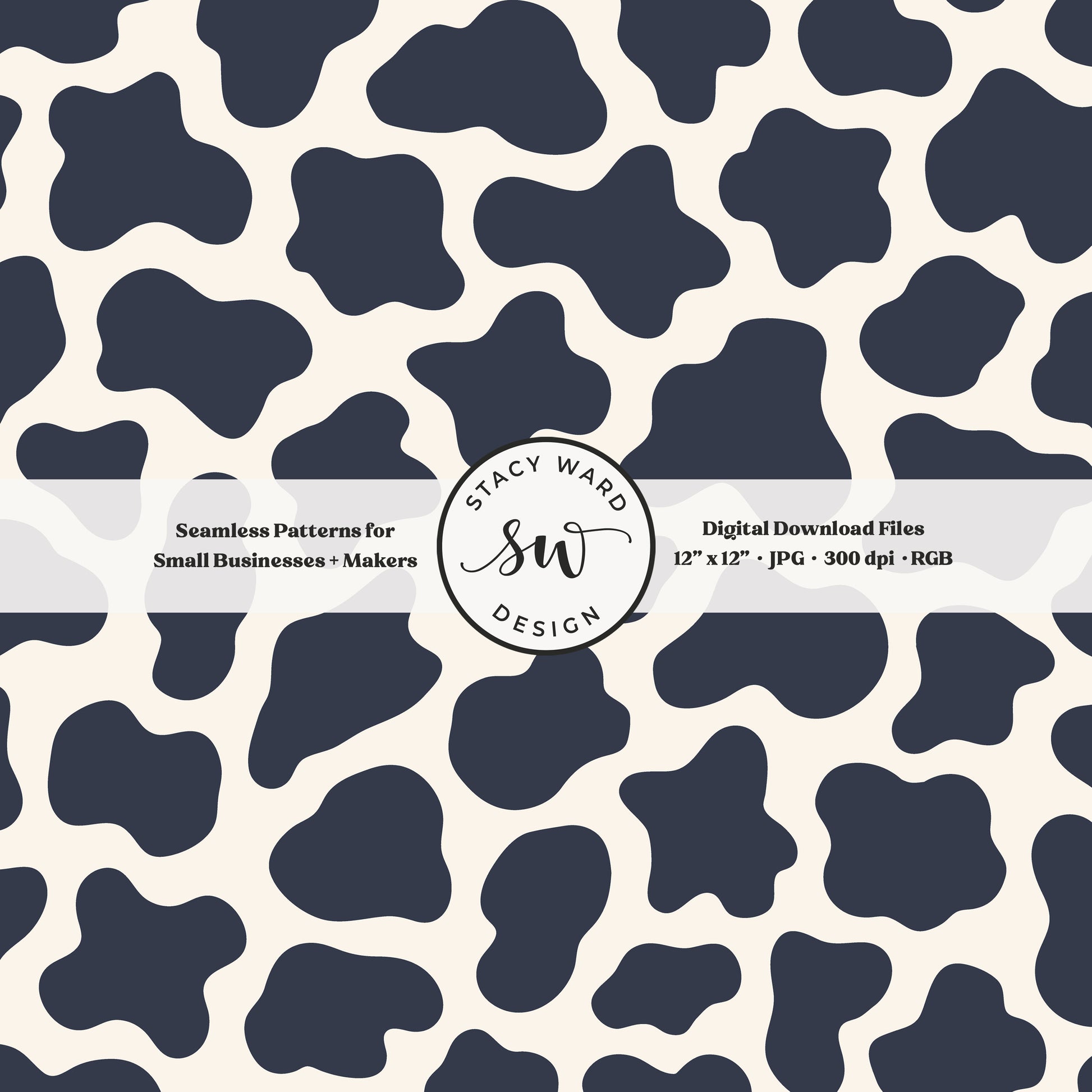Hand drawn cow print seamless pattern in dark indigo blue on cream for a fun western cowboy theme aesthetic digital file for fabric printing