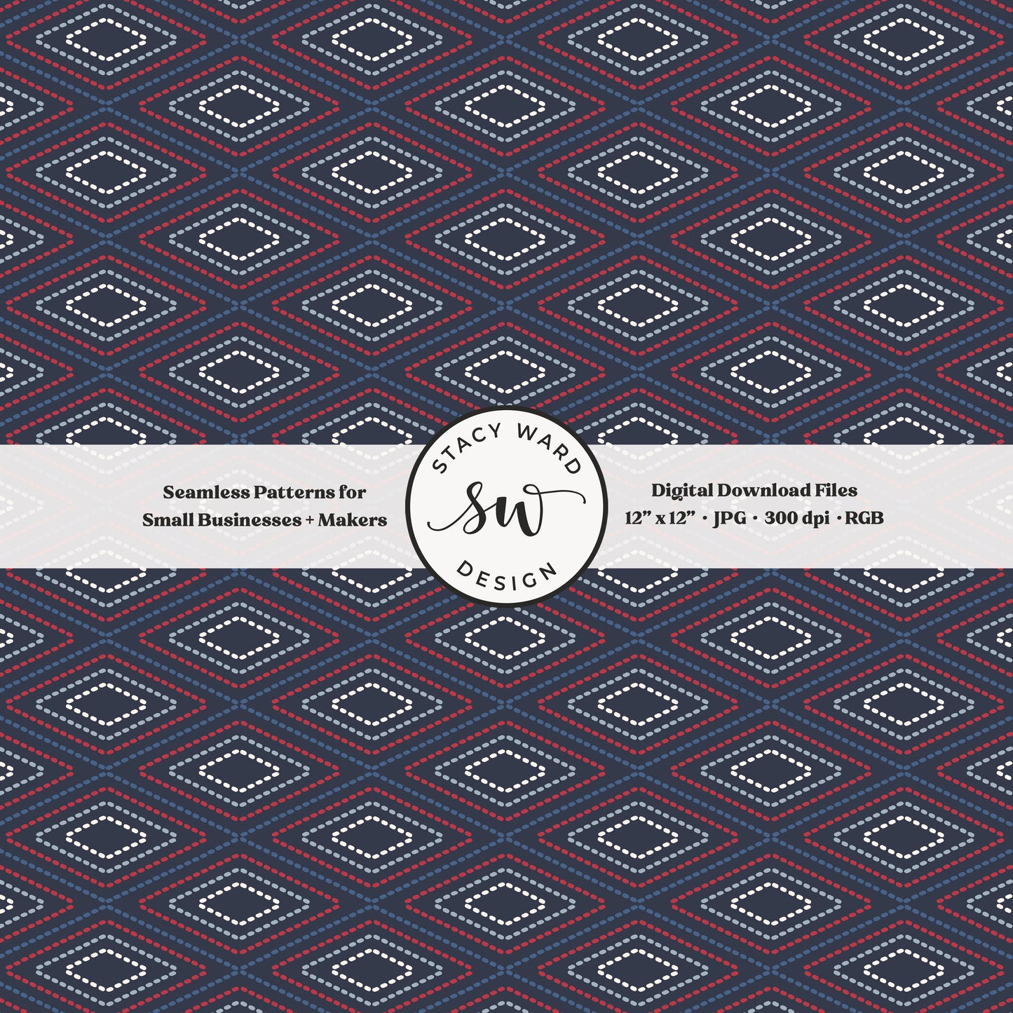 argyle diamond stitching seamless pattern in red and white on dark navy patriotic fourth of july lattice