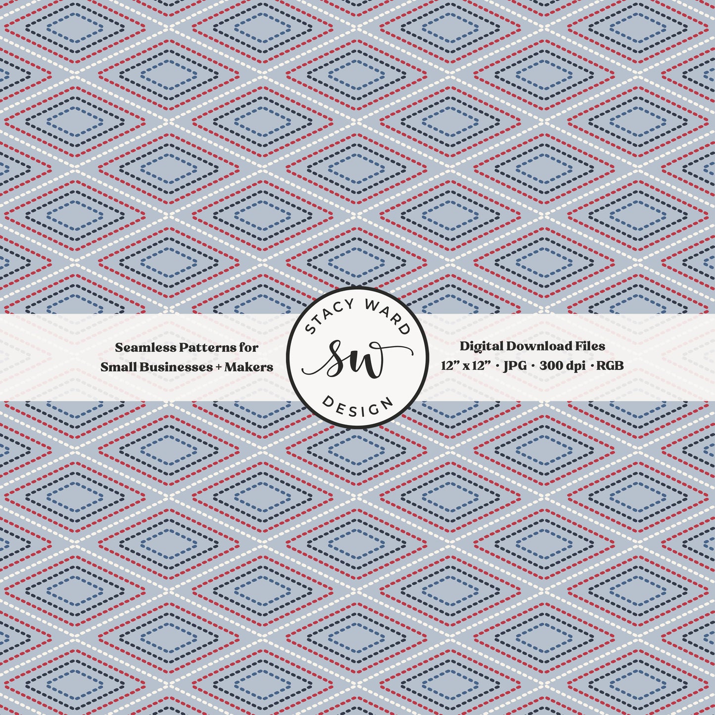argyle diamond stitching seamless pattern in red and white on soft pastel blue patriotic summer lattice