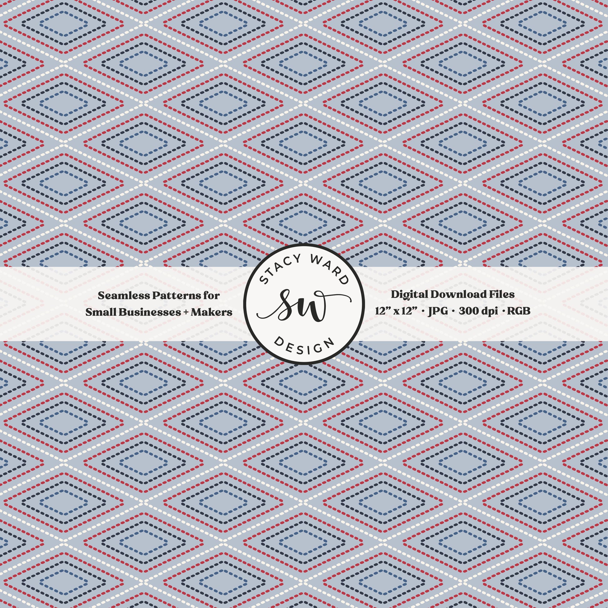 argyle diamond stitching seamless pattern in red and white on soft pastel blue patriotic summer lattice