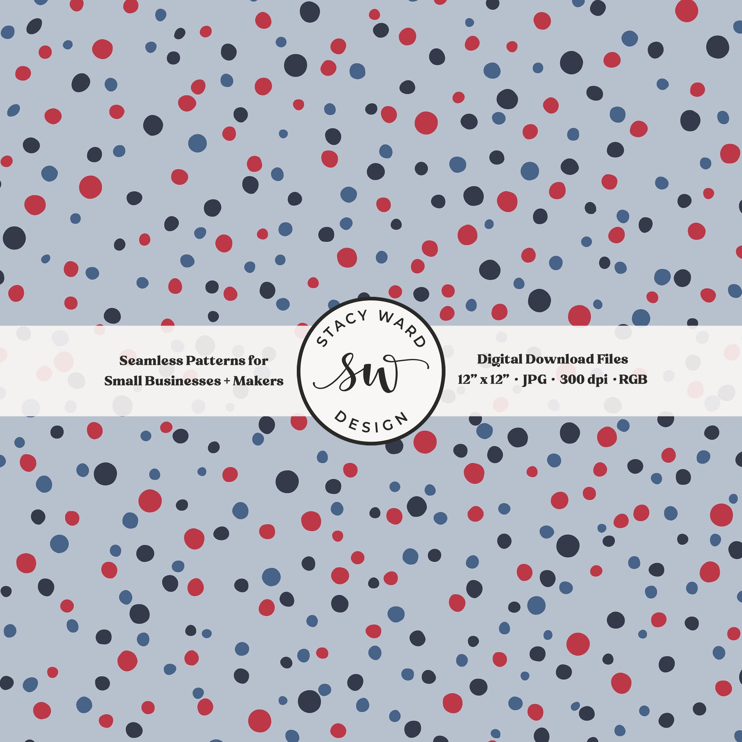 ditsy polka dot seamless pattern in red and white scattered on powder blue patriotic micro dots