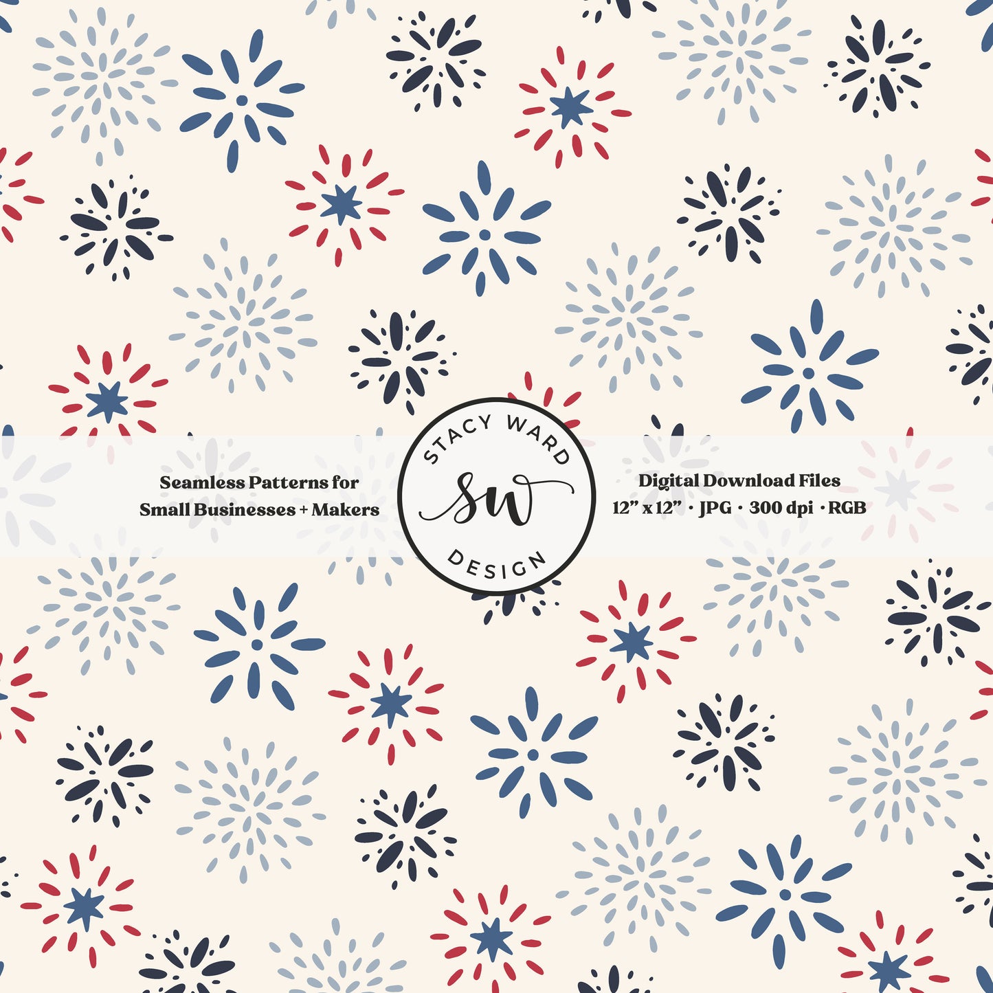 whimsical fireworks seamless pattern in red and blue on off white patriotic independence day starbursts