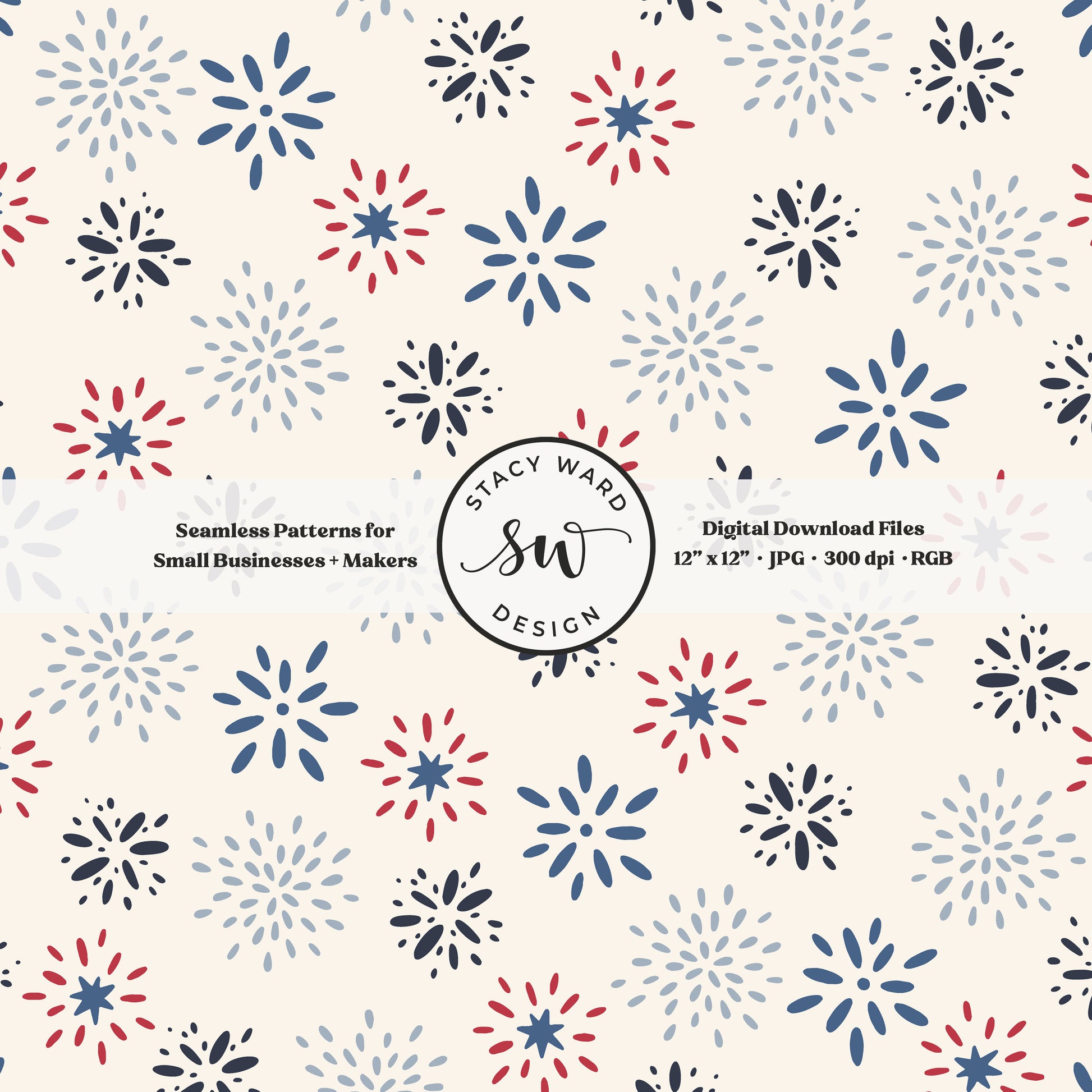 whimsical fireworks seamless pattern in red and blue on off white patriotic independence day starbursts
