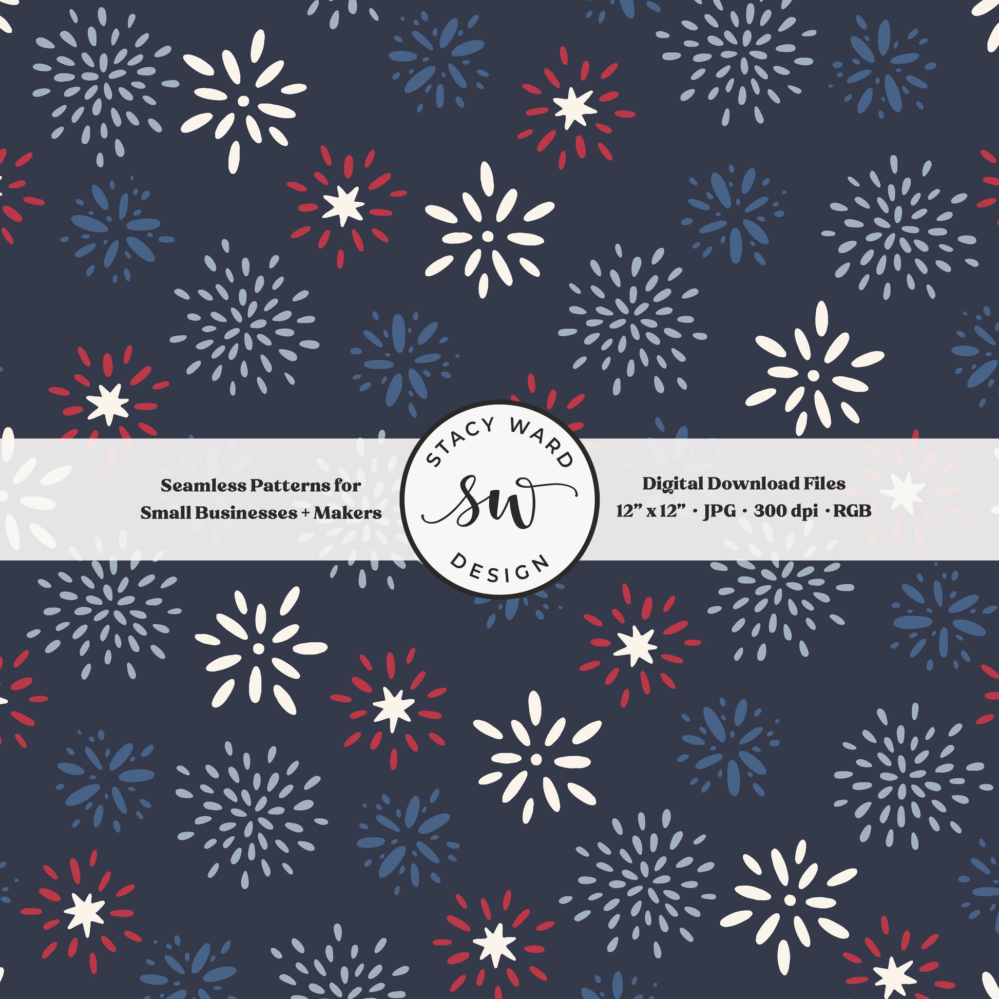 whimsical fireworks seamless pattern in red and white on dark navy night sky patriotic independence day starbursts