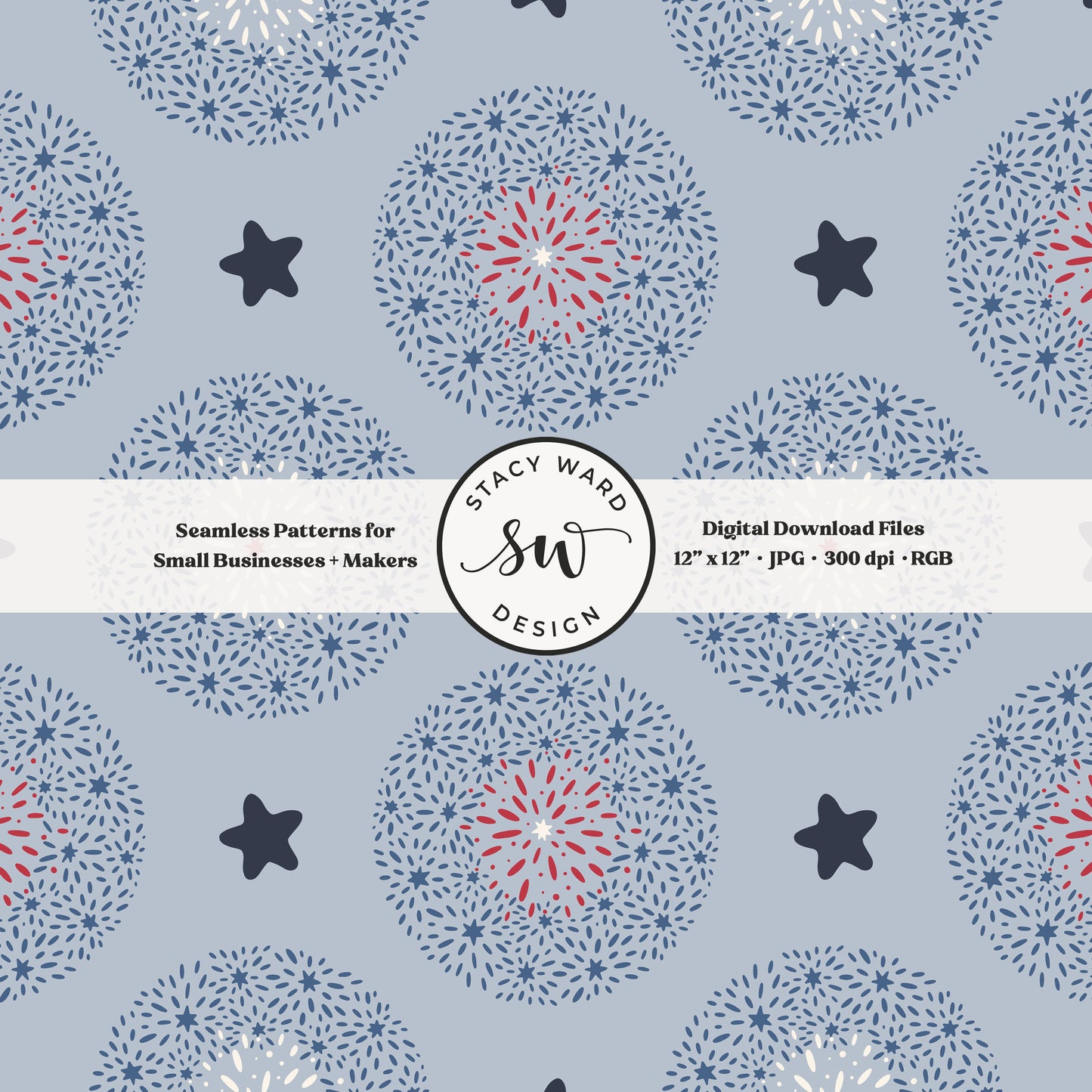 Scale reference for USA summer fireworks seamless pattern showing repeat size in inches