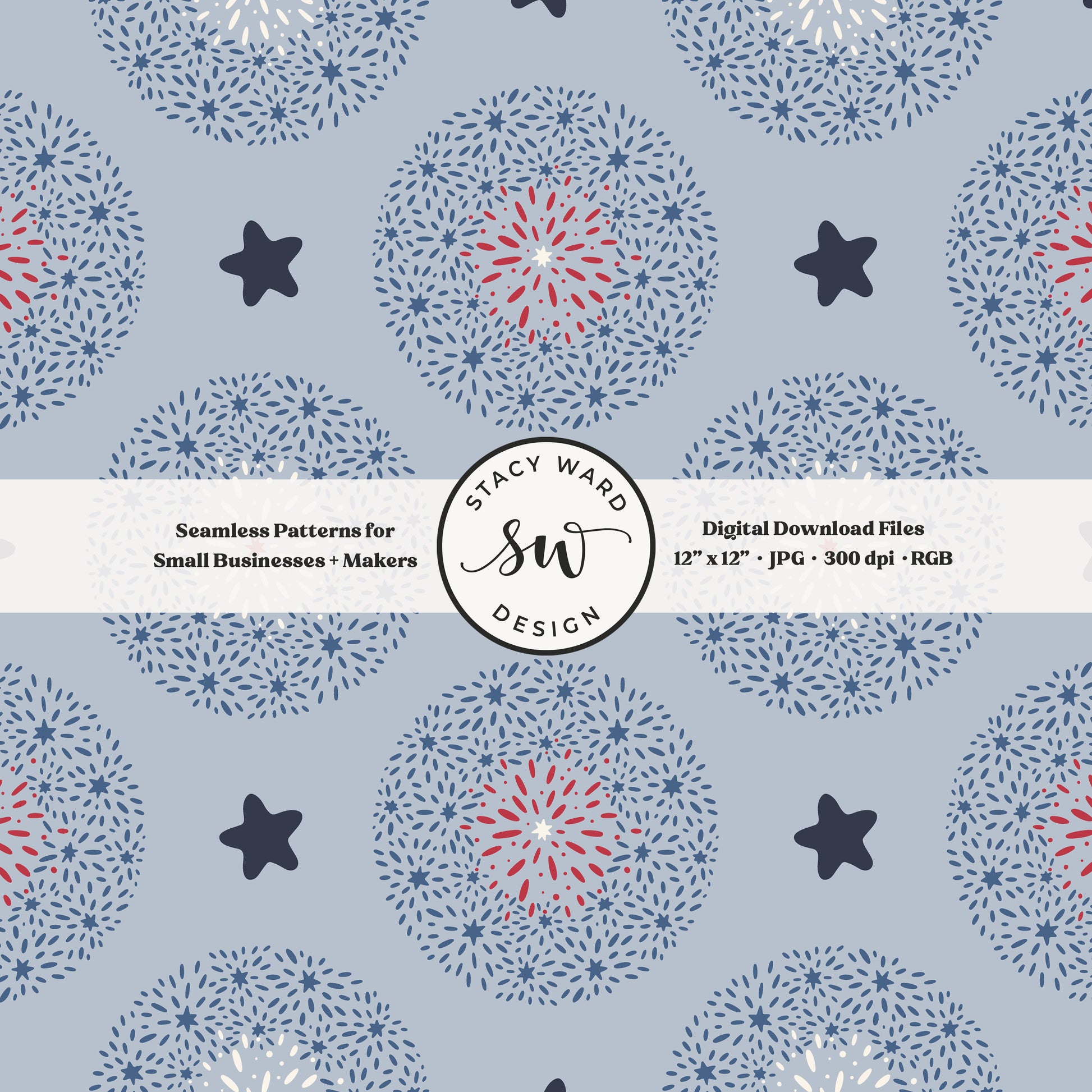Scale reference for USA summer fireworks seamless pattern showing repeat size in inches